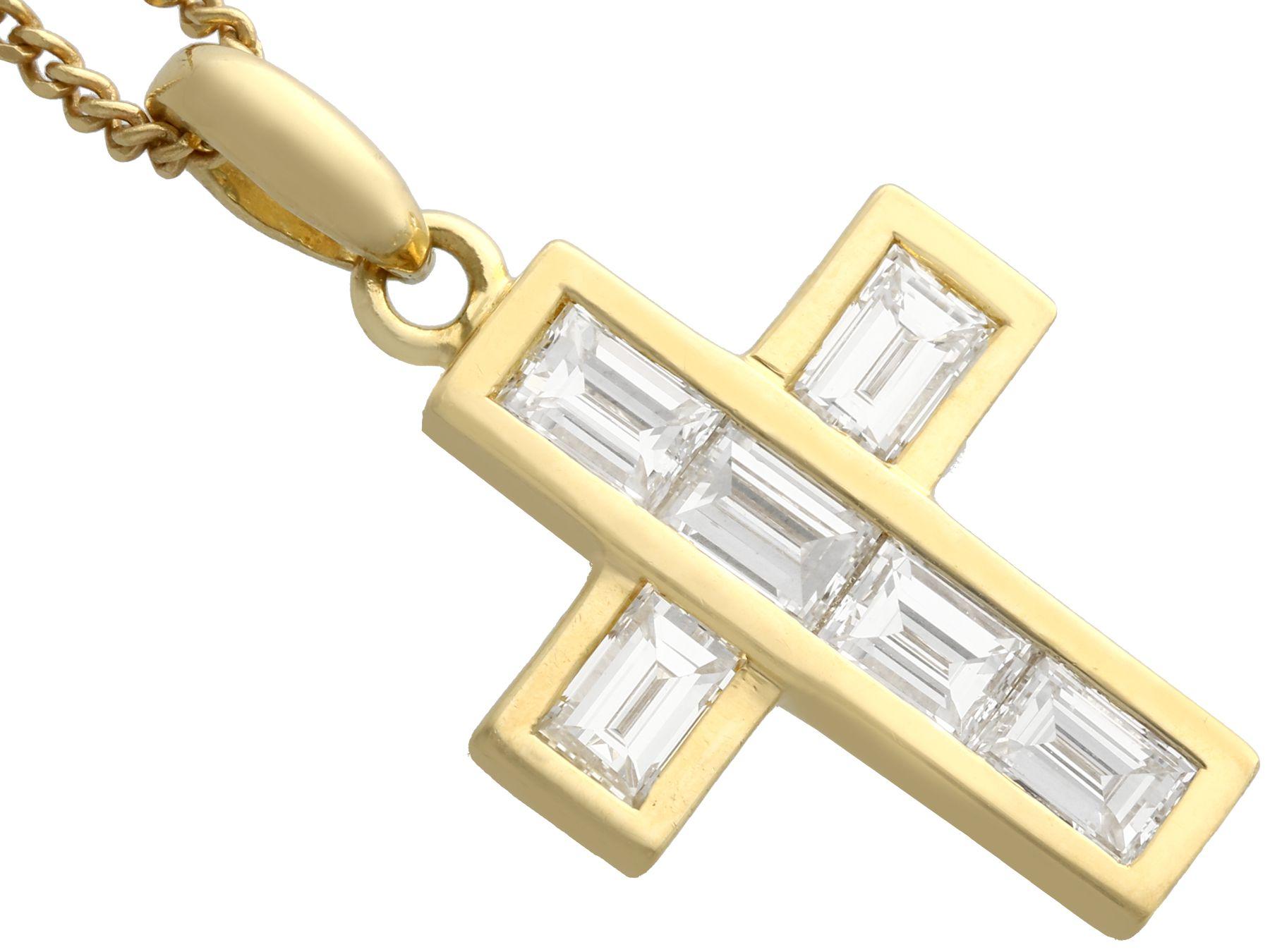 Baguette Cut 1.02 Carat Diamond and Yellow Gold Cross Pendant
