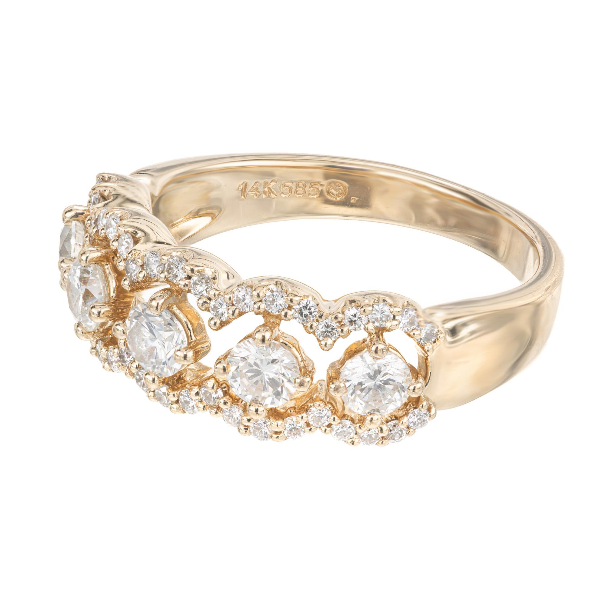 Round Cut 1.02 Carat Diamond Halo Yellow Gold Scroll Band Ring For Sale