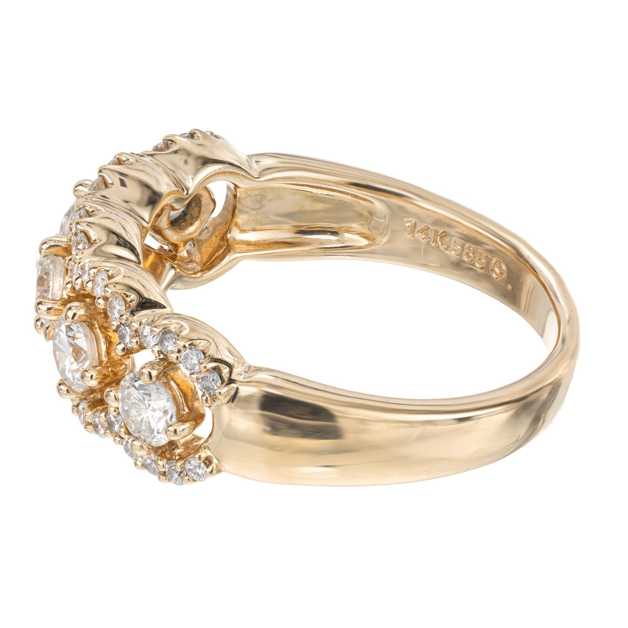 1.02 Carat Diamond Halo Yellow Gold Scroll Band Ring In Good Condition For Sale In Stamford, CT