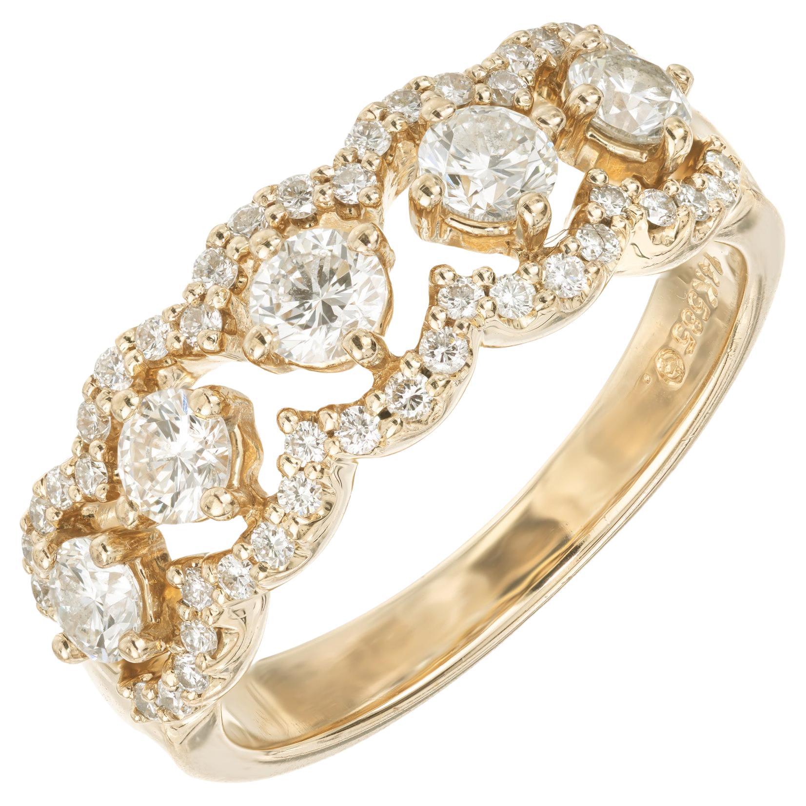 1.02 Carat Diamond Halo Yellow Gold Scroll Band Ring For Sale