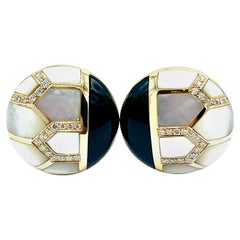 1.02 Carat Diamonds Onyx and Mother of Pearl Button Clip Earrings