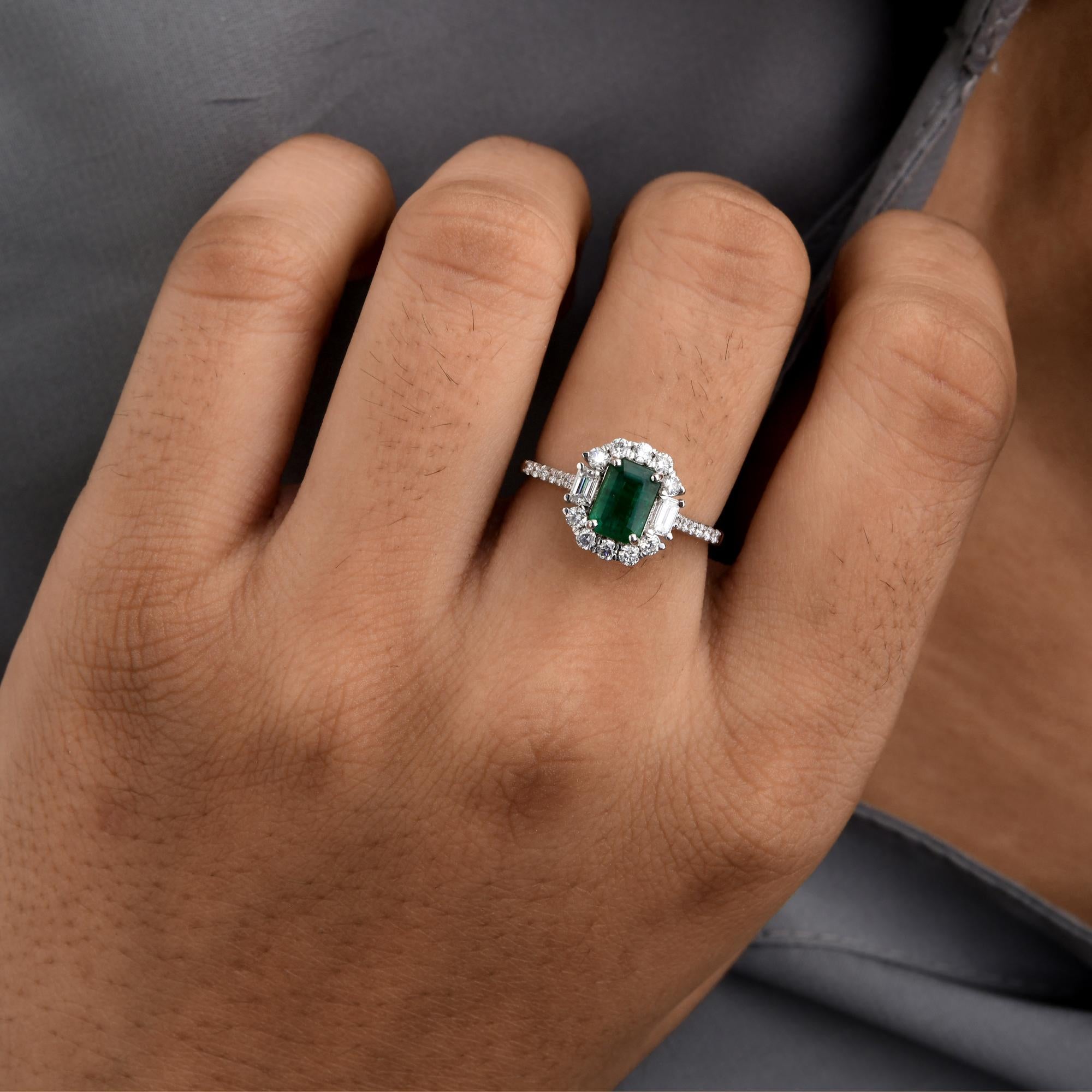 Octagon Cut 1.02 Carat Emerald 0.54 Carat SI Clarity HI Color Diamond Ring 14K White Gold For Sale