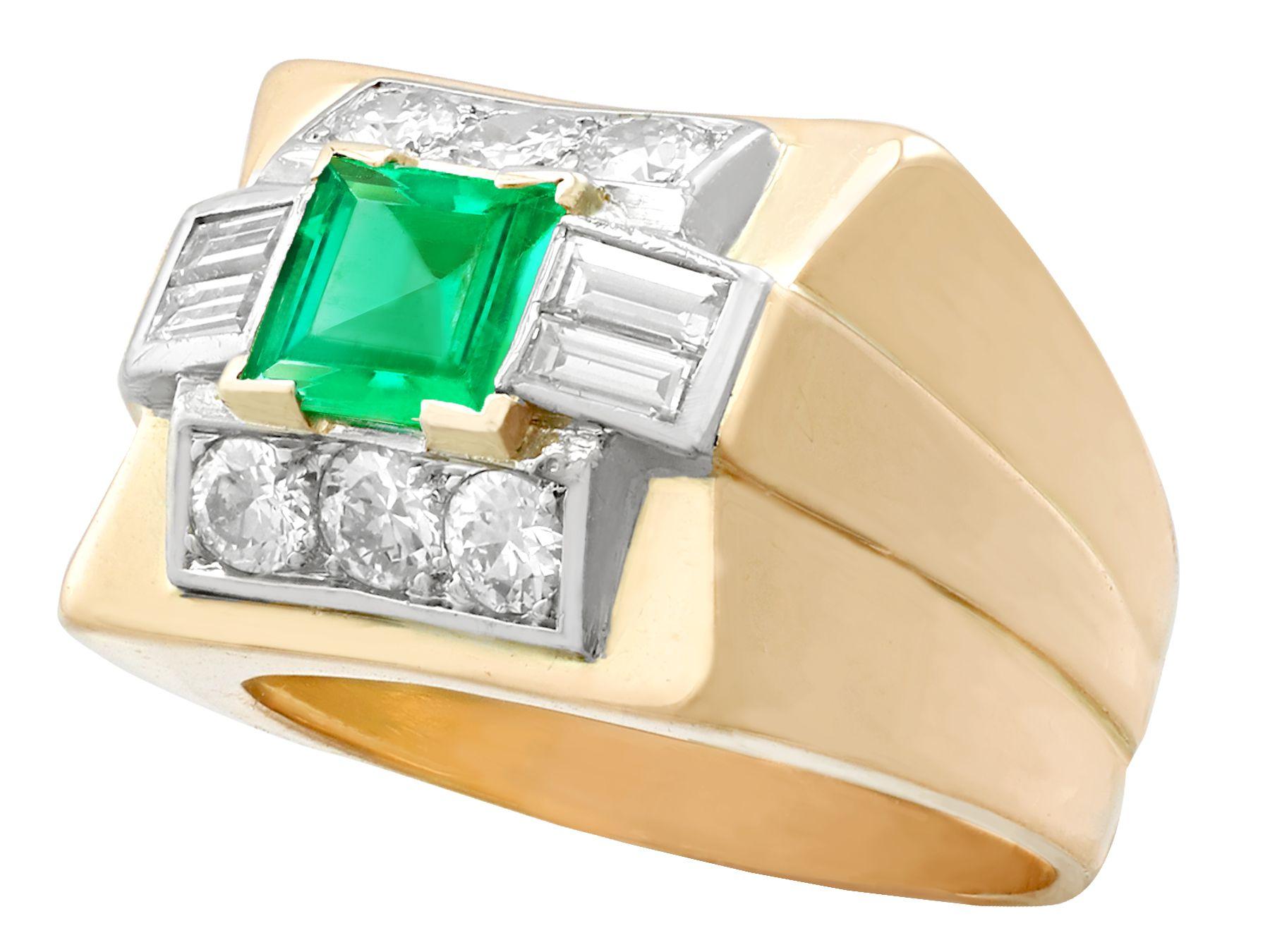 Old European Cut 1.02 Carat Emerald and 1.05 Carat Diamond Gold Cocktail Ring For Sale