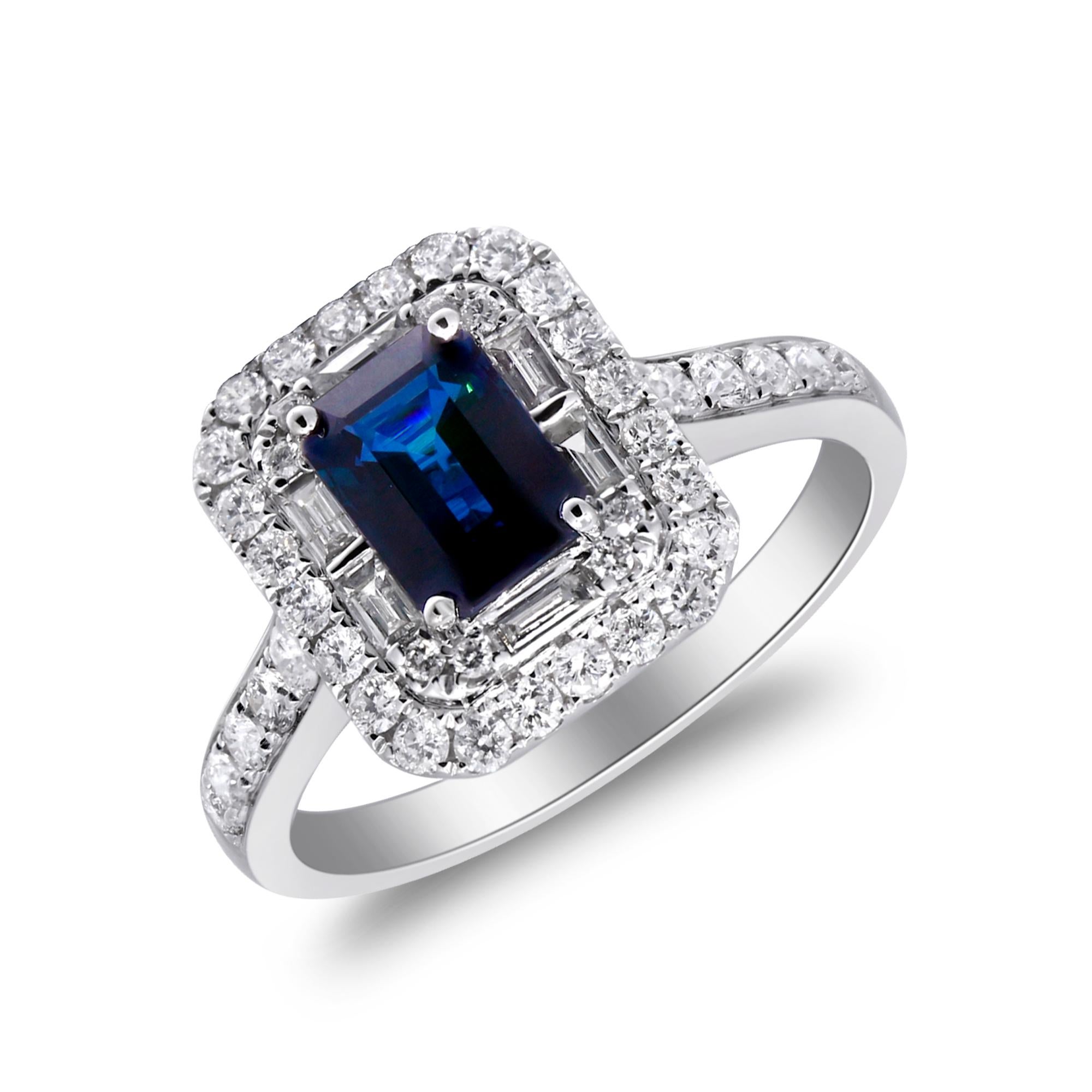Art Deco 1.18 Carat Emerald-Cut Blue Sapphire with Diamond Accents 10K White Gold Ring For Sale
