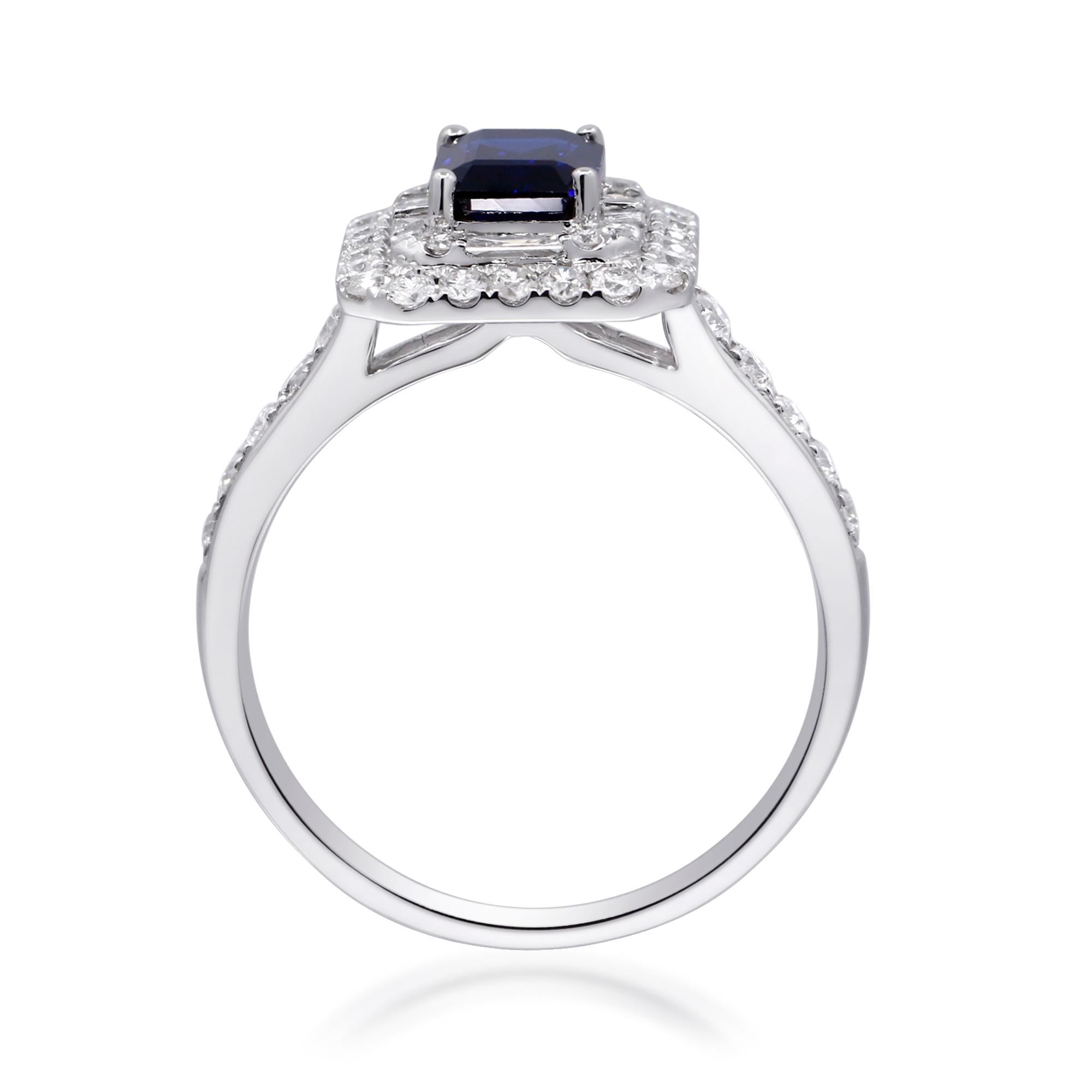 Emerald Cut 1.18 Carat Emerald-Cut Blue Sapphire with Diamond Accents 10K White Gold Ring For Sale