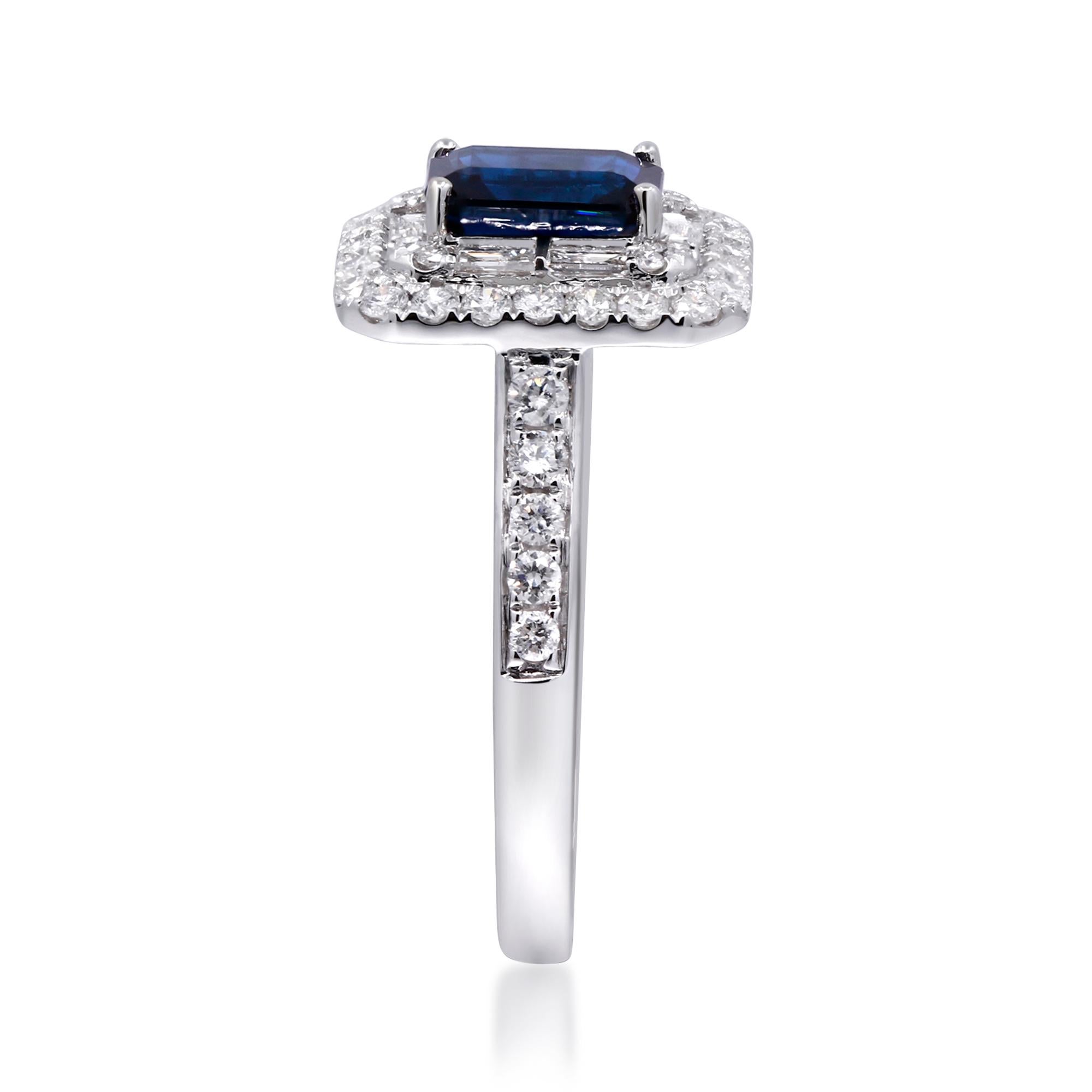 1.18 Carat Emerald-Cut Blue Sapphire with Diamond Accents 10K White Gold Ring In New Condition For Sale In New York, NY