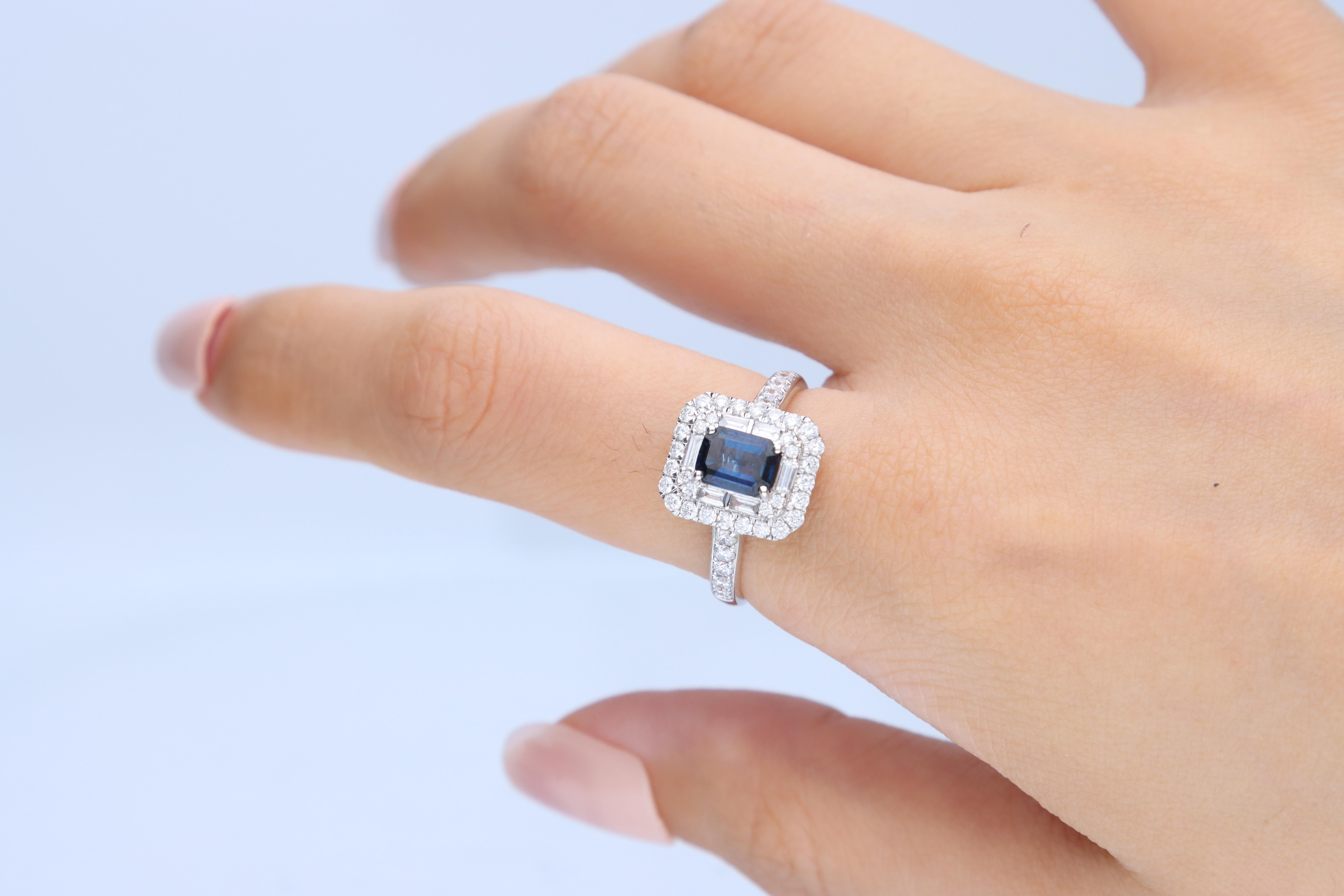 Stunning, timeless and classy eternity Unique ring. Decorate yourself in luxury with this Gin & Grace ring. The 10k White Gold jewelry boasts 7x5 Emerald cut Blue Sapphire (1 pcs) 1.18 Carat and Round-Cut Diamond (42 pcs) 0.54 Carat, Baguette-cut