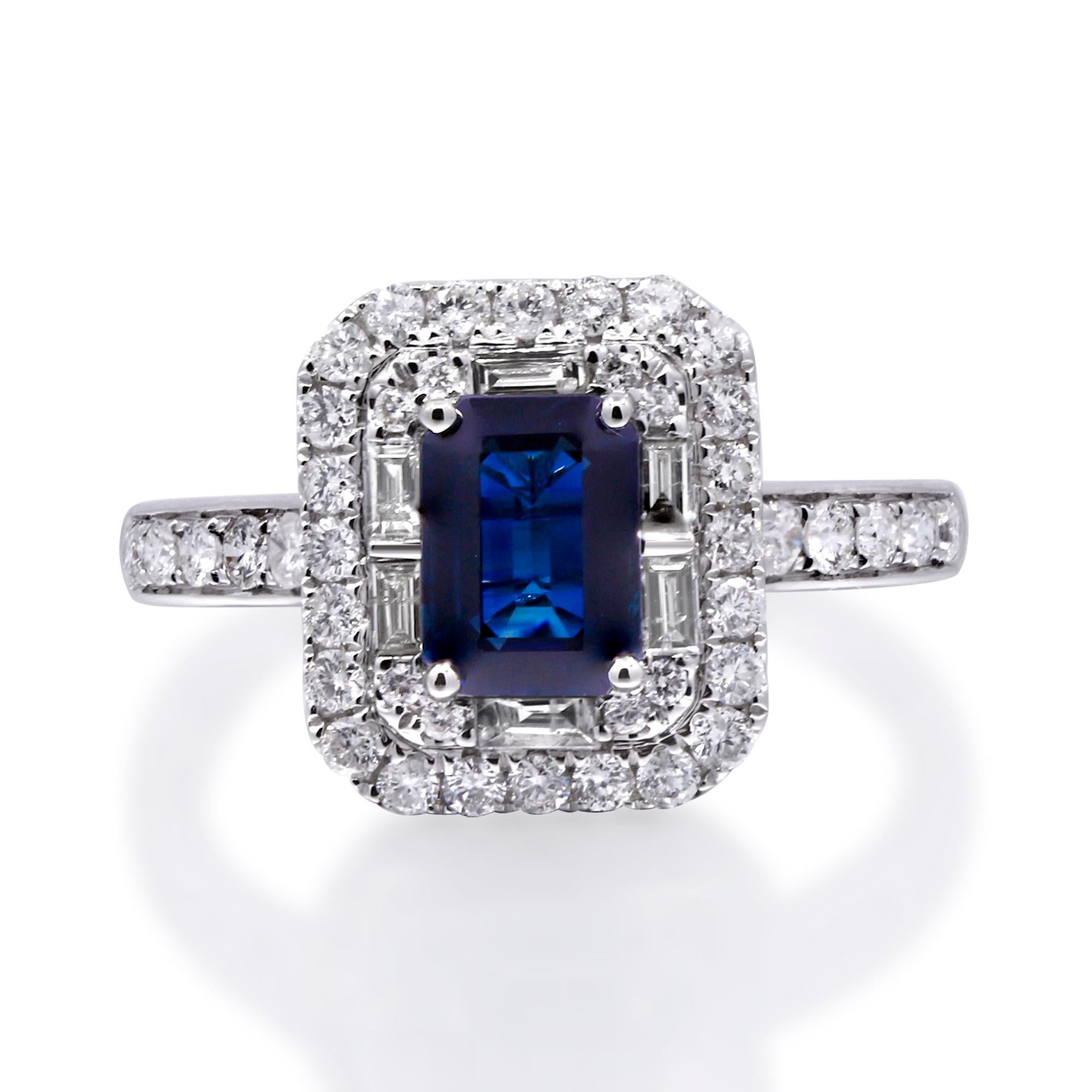 Women's or Men's 1.18 Carat Emerald-Cut Blue Sapphire with Diamond Accents 10K White Gold Ring For Sale