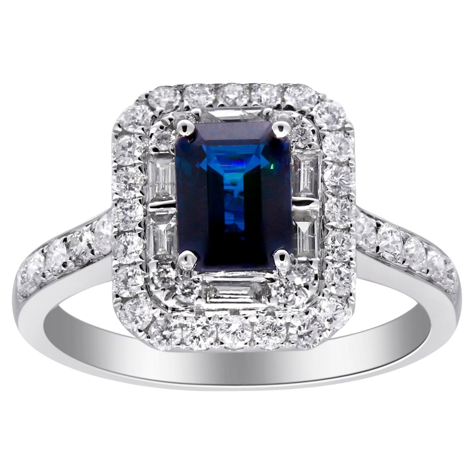 1.18 Carat Emerald-Cut Blue Sapphire with Diamond Accents 10K White Gold Ring For Sale