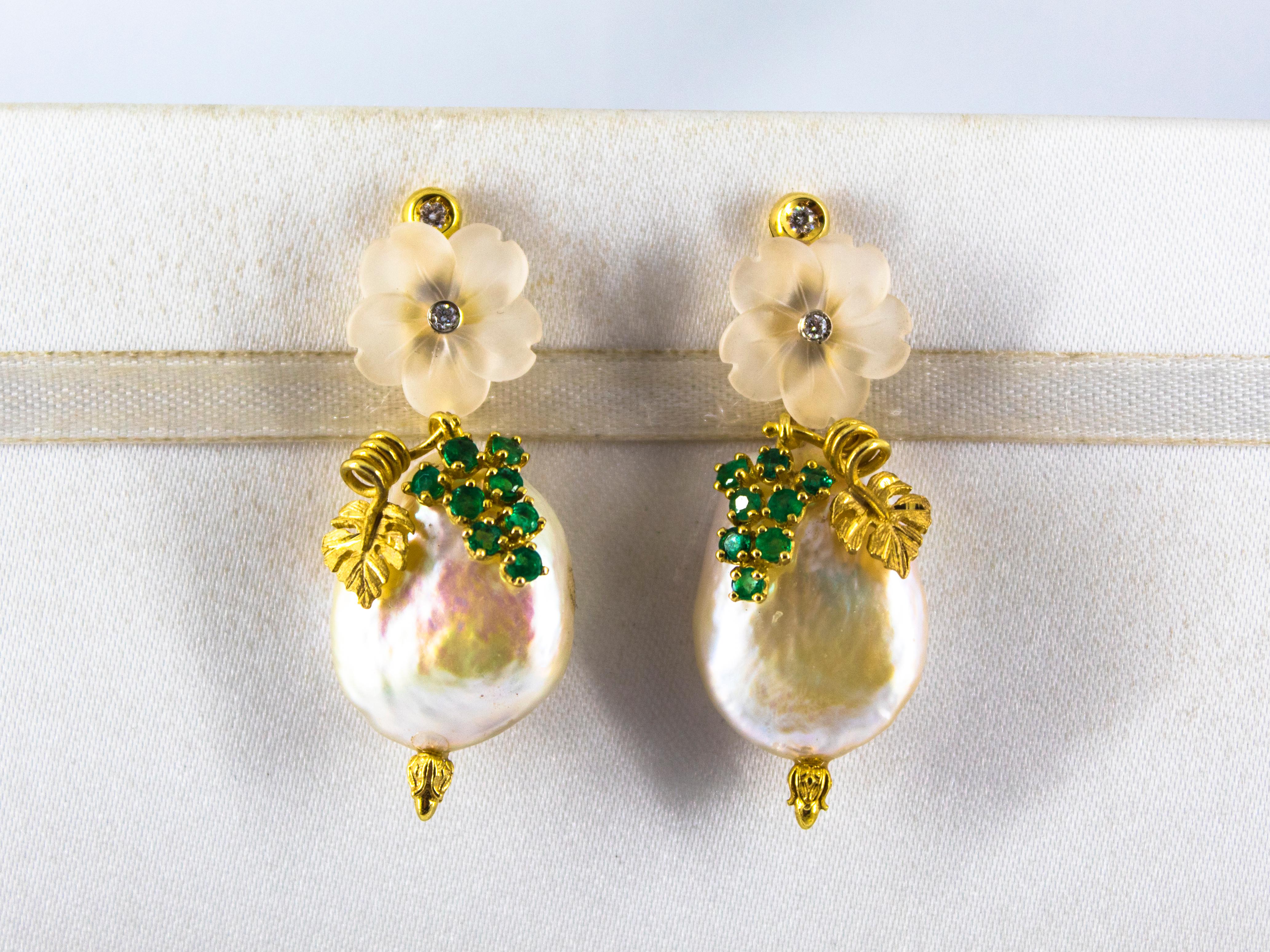 Art Nouveau 1.02 Carat Emerald White Diamond Rock Crystal Pearl Yellow Gold Stud Earrings