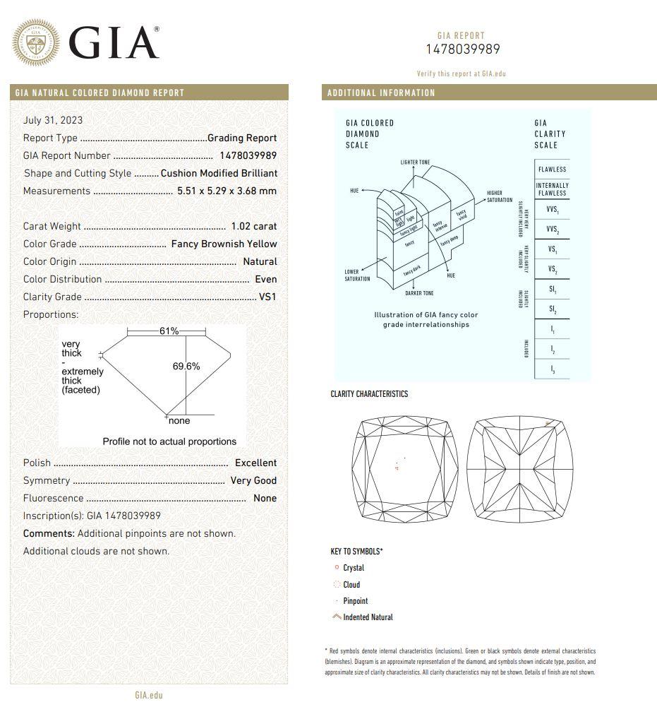 1.02-CARAT, FANCY BROWNISH YELLOW, CUSHION CUT DIAMOND VS1 Clarity GIA Certified For Sale 2