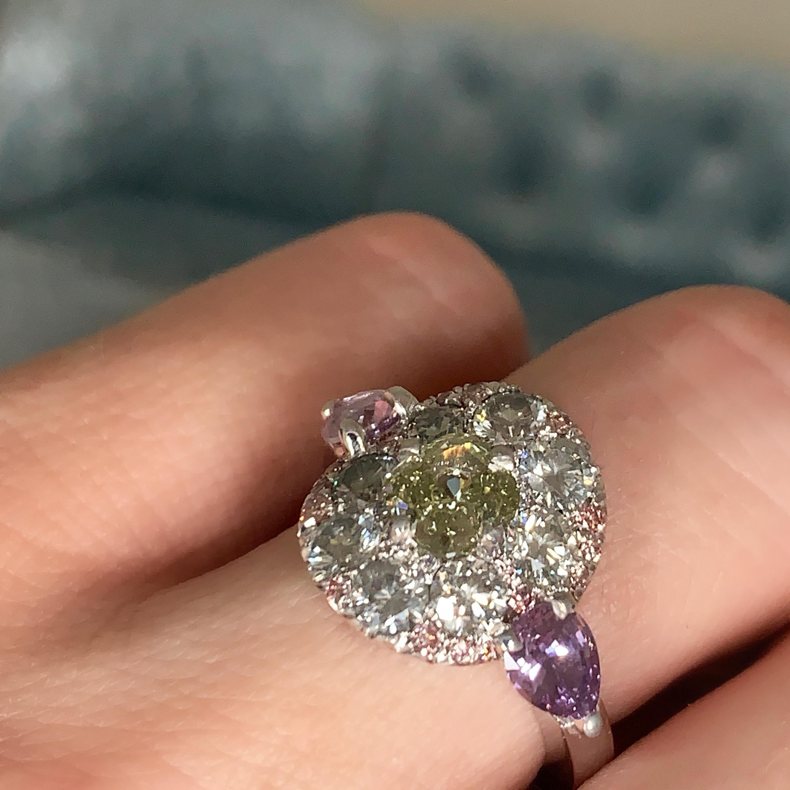 1.02 Carat Fancy Green, Grey, Pink Diamond, Unheated Violet Sapphire Pave Ring 2