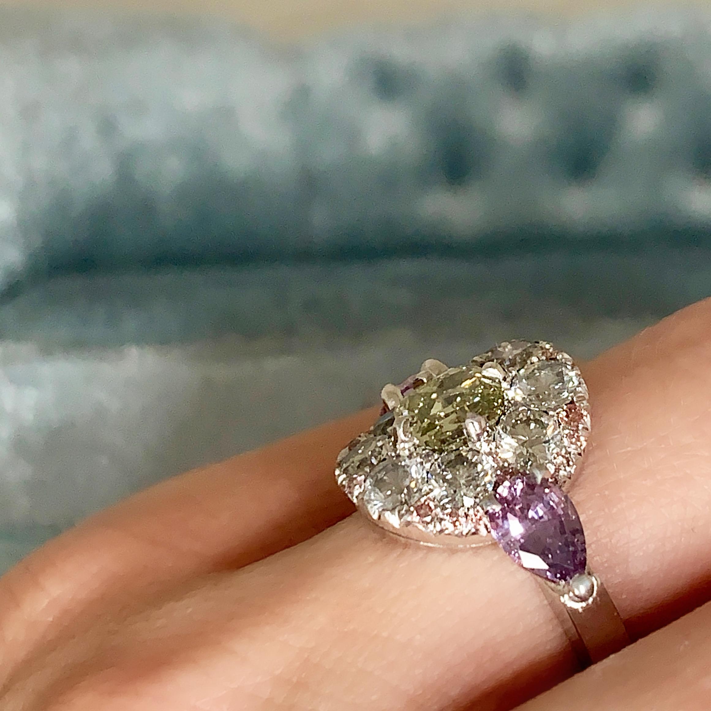 1.02 Carat Fancy Green, Grey, Pink Diamond, Unheated Violet Sapphire Pave Ring 3