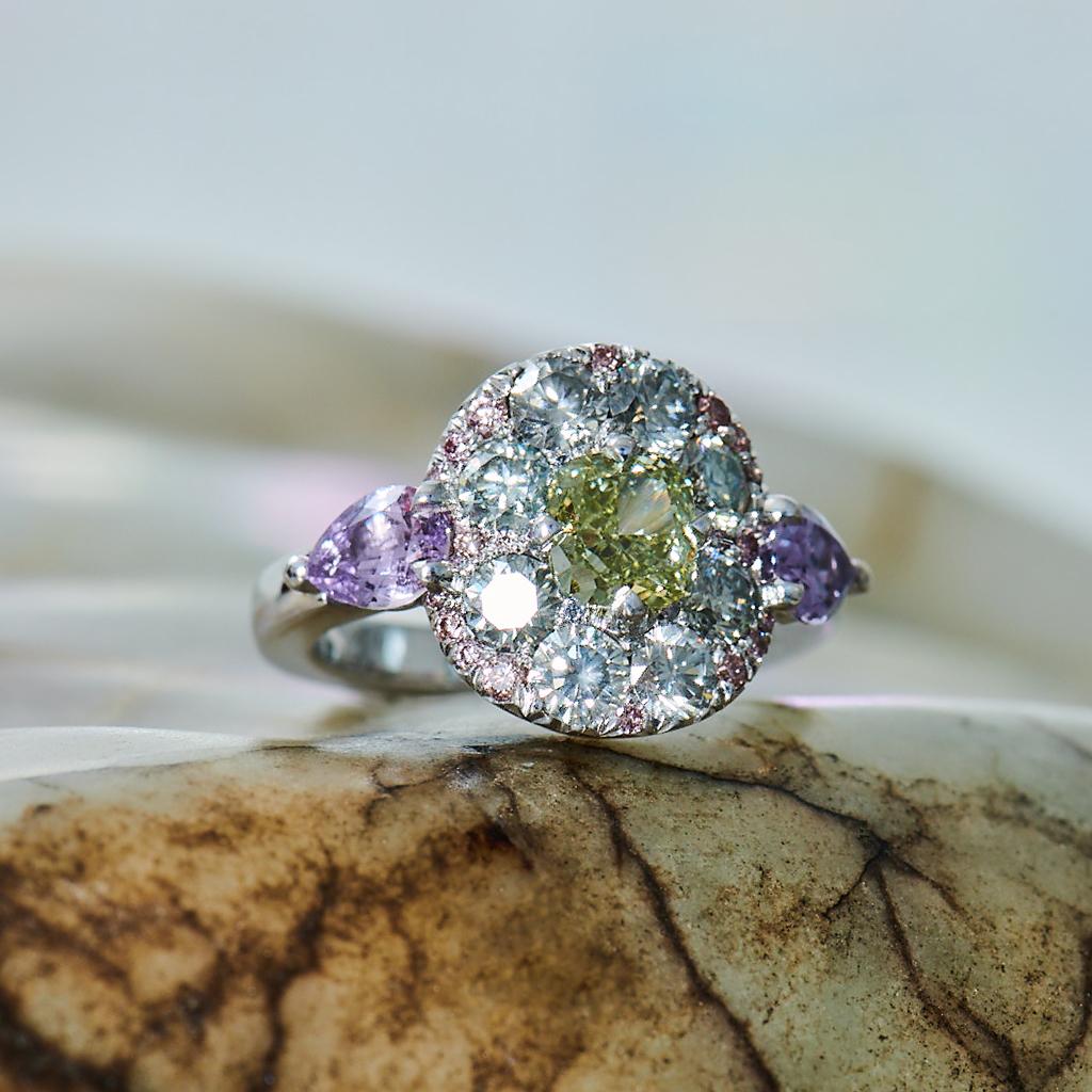 1.02 Carat Fancy Green, Grey, Pink Diamond, Unheated Violet Sapphire Pave Ring 10