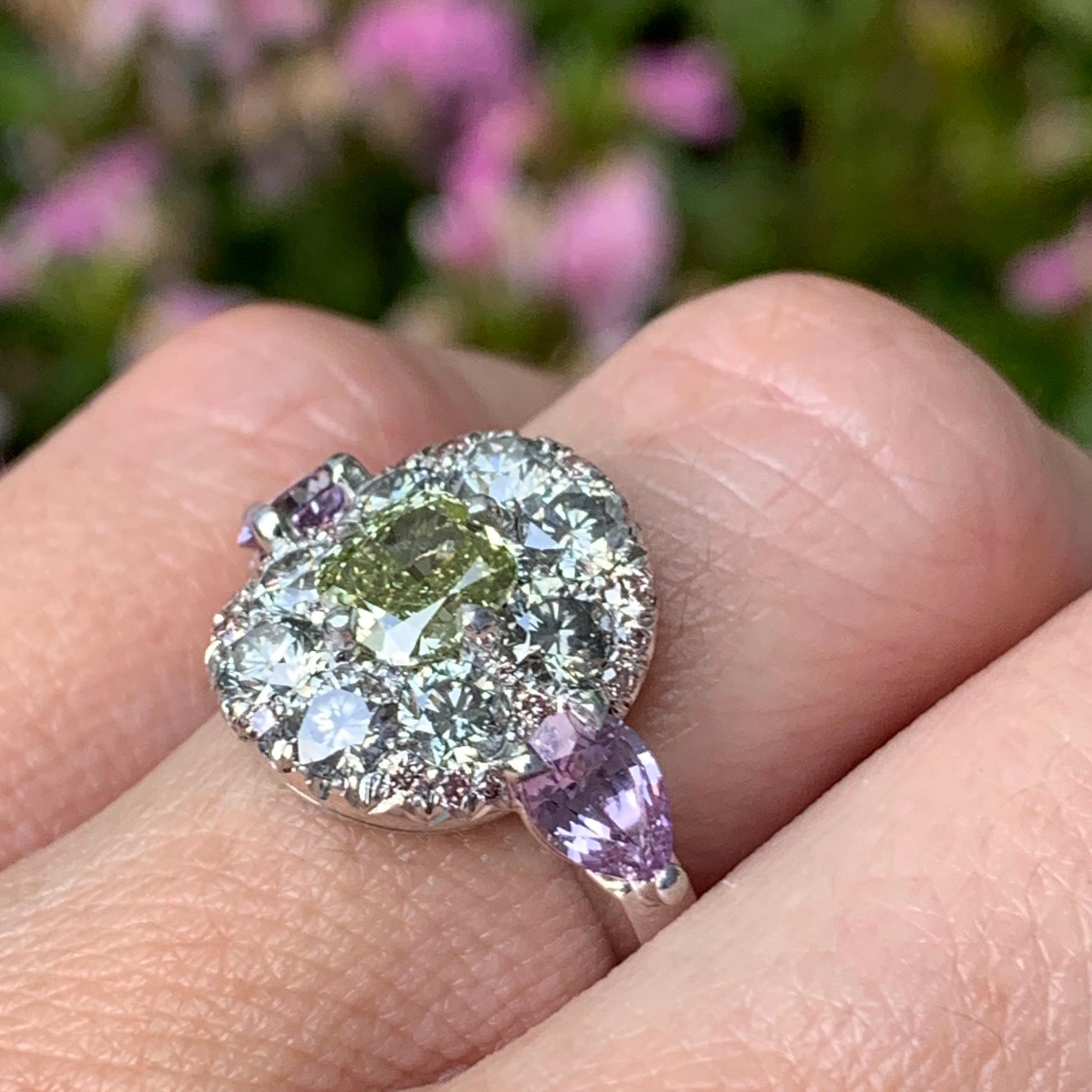 1.02 Carat Fancy Green, Grey, Pink Diamond, Unheated Violet Sapphire Pave Ring 1