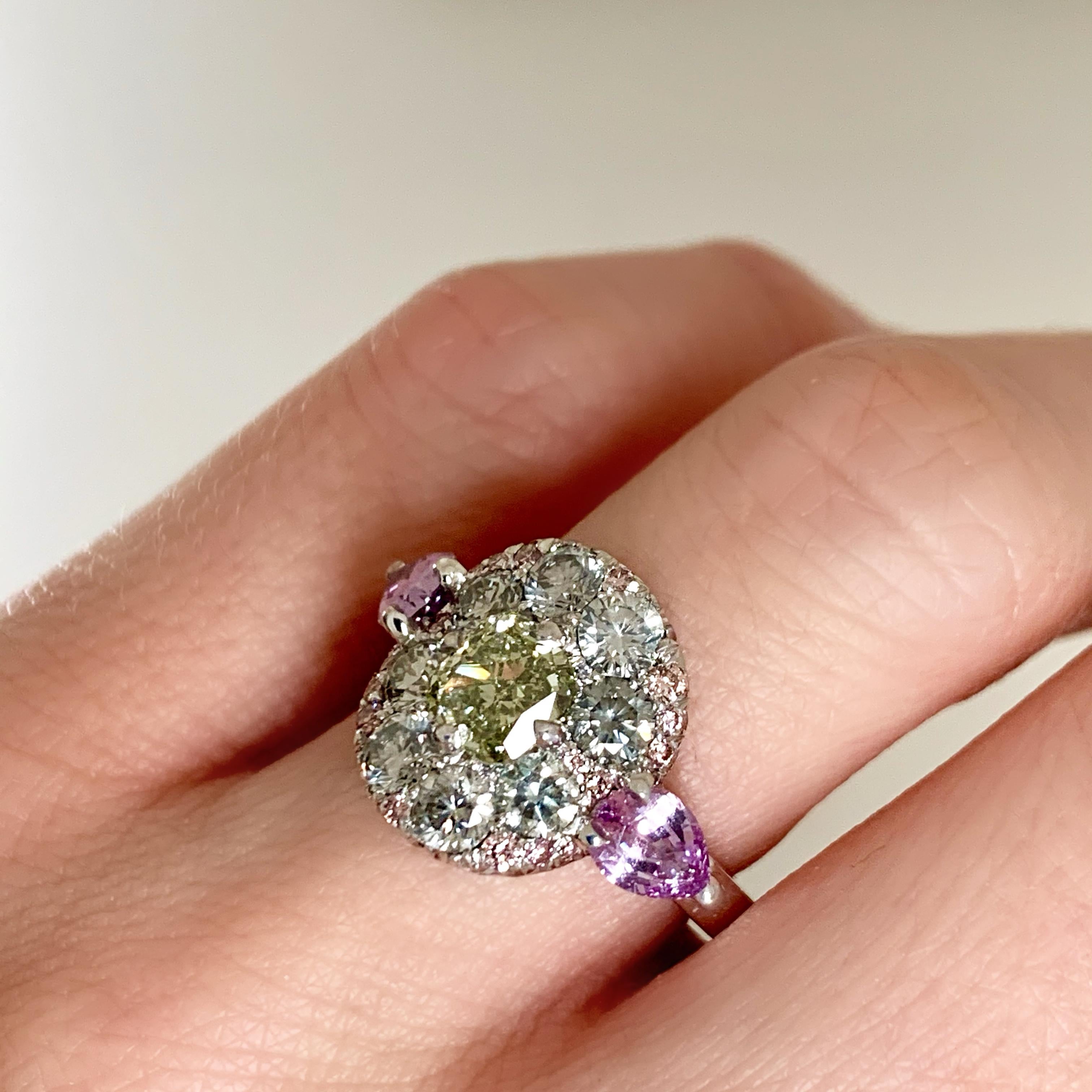 1.02 Carat Fancy Green, Grey, Pink Diamond, Unheated Violet Sapphire Pave Ring 6