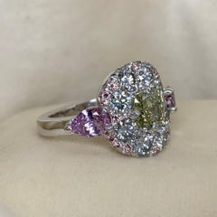 1.02 Carat Fancy Green, Grey, Pink Diamond, Unheated Violet Sapphire Pave Ring