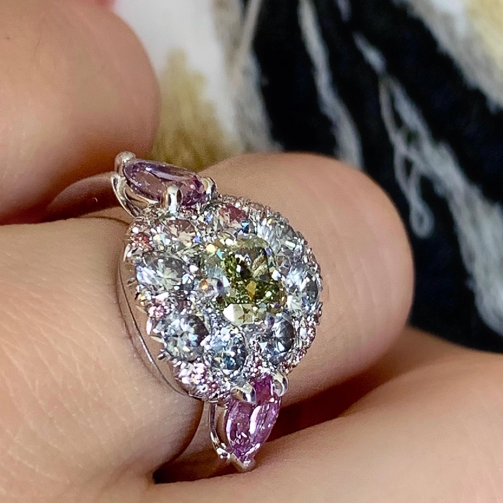 Women's 1.02 Carat Fancy Green, Grey, Pink Diamond, Unheated Violet Sapphire Pave Ring