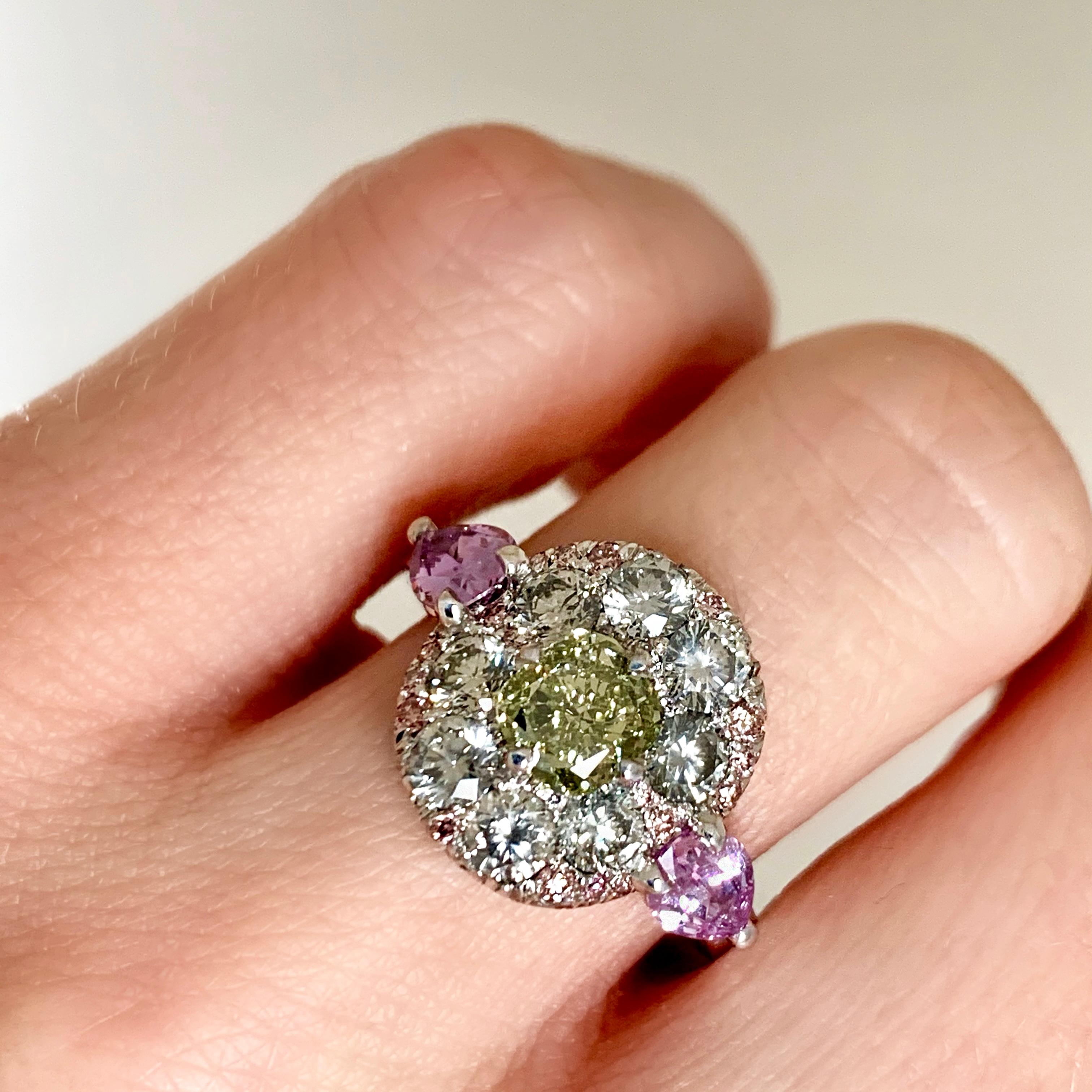 1.02 Carat Fancy Green, Grey, Pink Diamond, Unheated Violet Sapphire Pave Ring 7