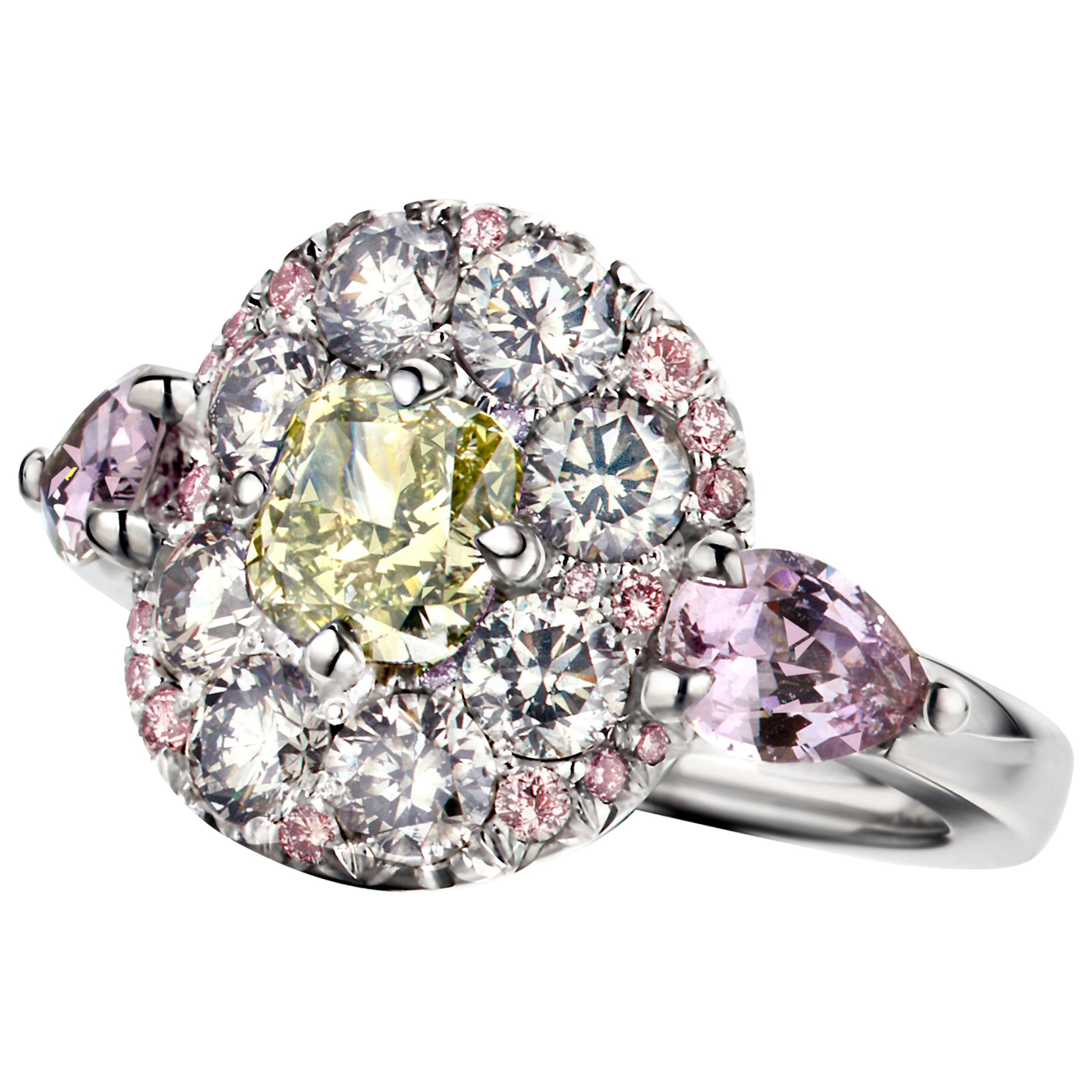 1.02 Carat Fancy Green, Grey, Pink Diamond, Unheated Violet Sapphire Pave Ring