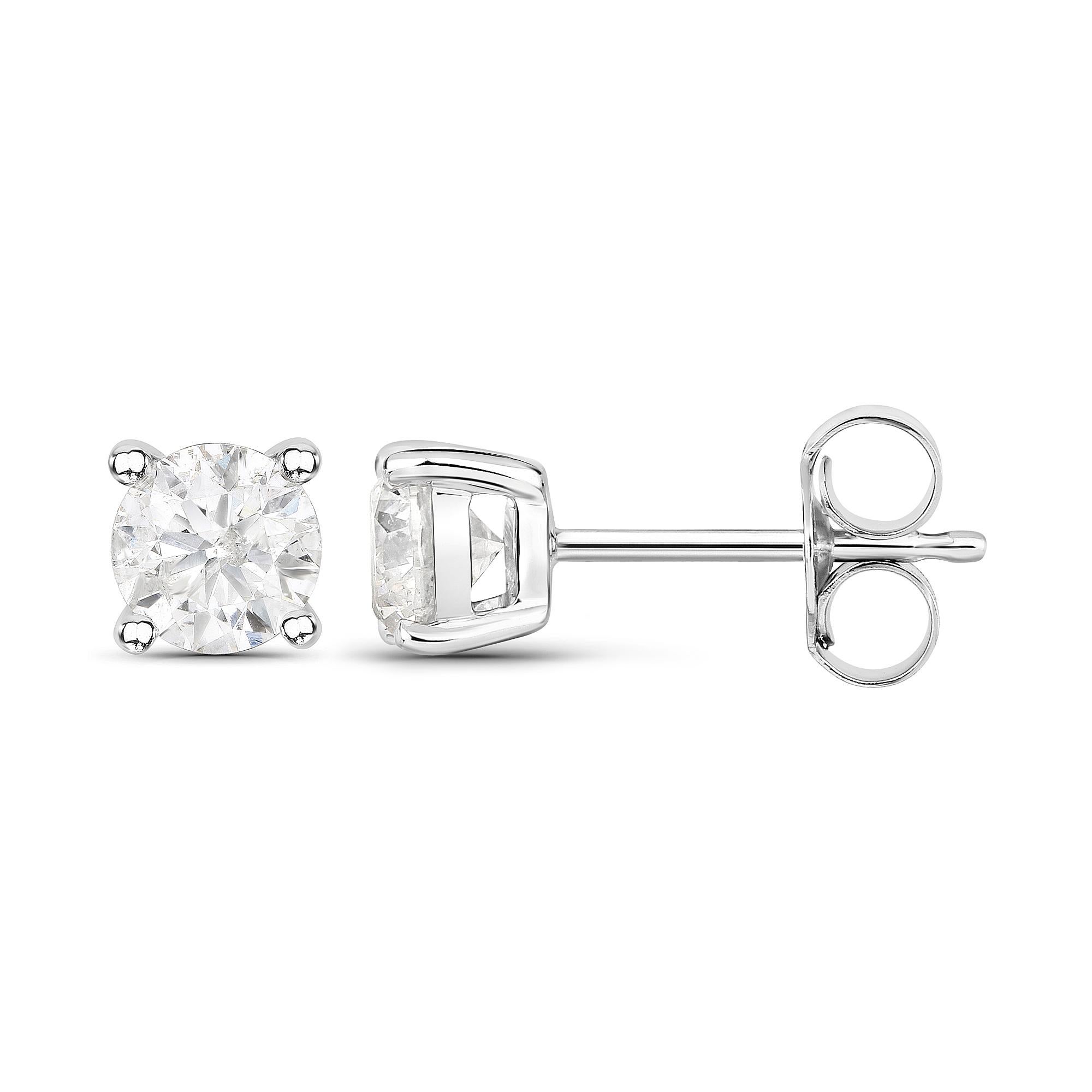 Flaunt yourself with these white diamond stud earrings. The natural gemstones have a combined weight of 1.02 carats and are set in 14K white gold. The white hue of these earrings adds a pop of color to any look! The understated design and vibrant