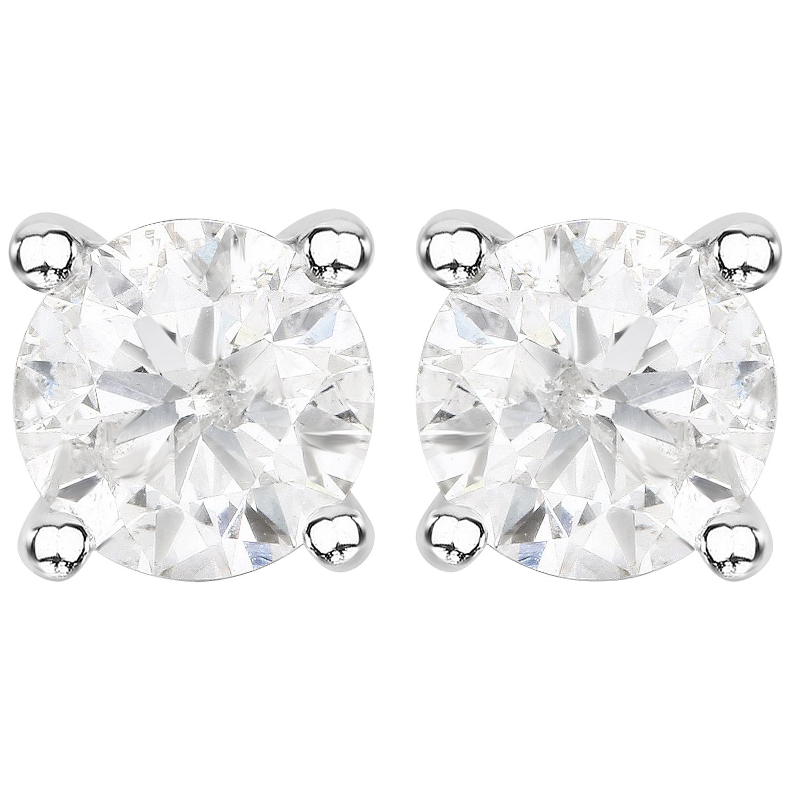 1.02 Carat Genuine White Diamond 14 Karat White Gold Stud Earrings For Sale