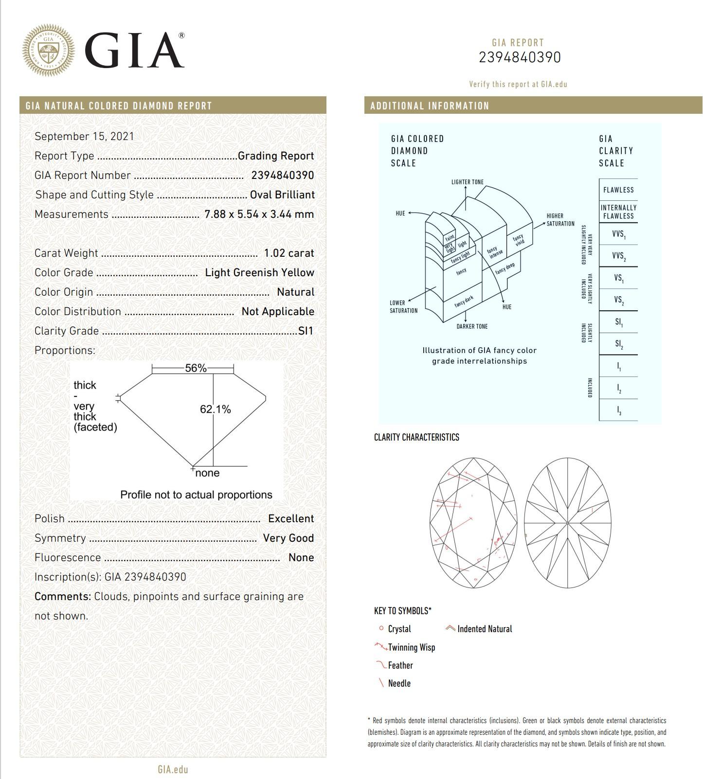 1.02 Carat Light Greenish Yellow Diamond Ring SI1 Clarity GIA Certified For Sale 3