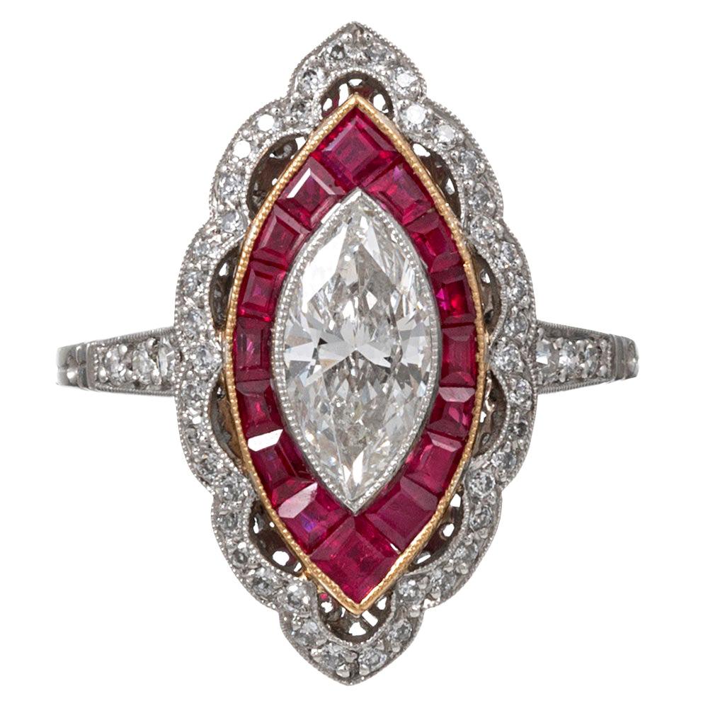 1.02 Carat Marquis Diamond and Ruby Ring