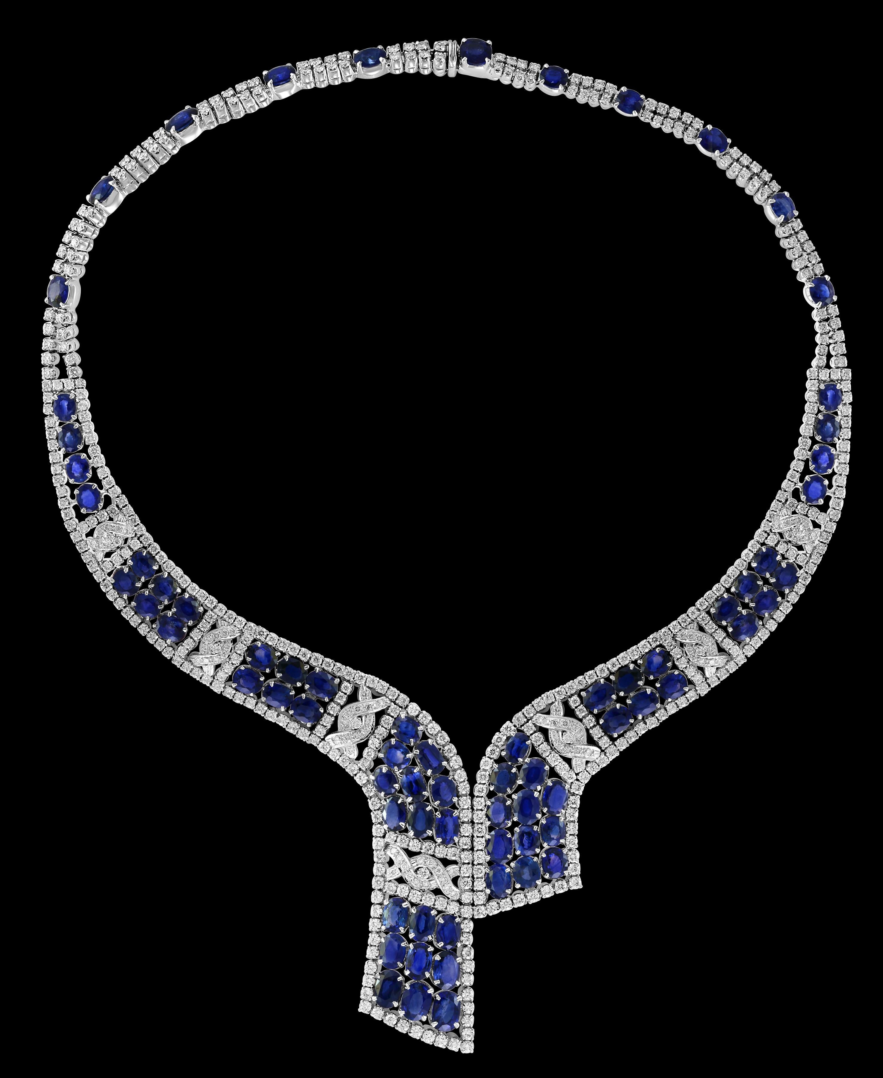 Oval Cut GIA Certified 102 Ct Natural Blue Sapphire & 25 Ct Diamond Necklace Suite 18 Kt