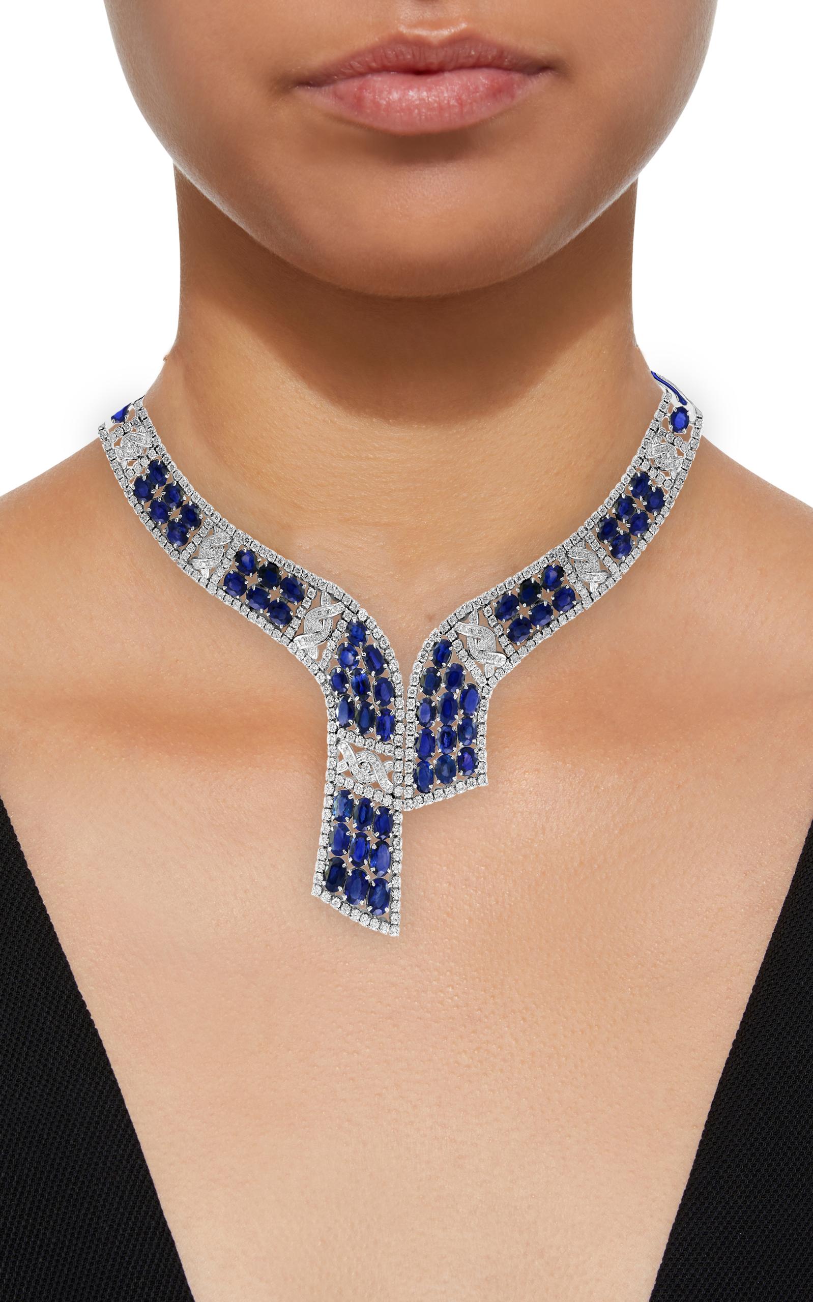 GIA Certified 102 Ct Natural Blue Sapphire & 25 Ct Diamond Necklace Suite 18 Kt 1