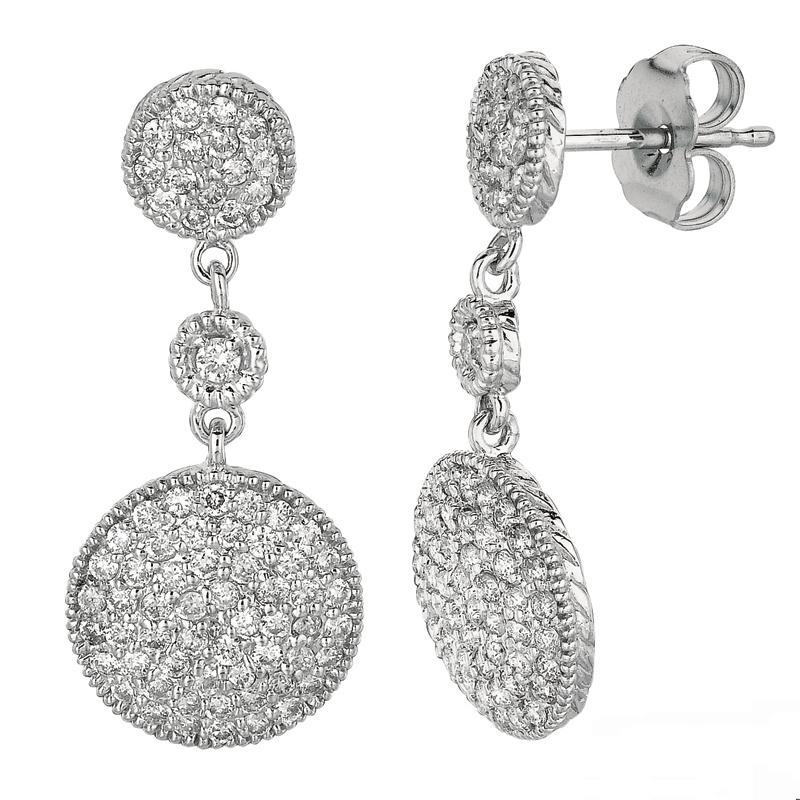 Contemporary 1.02 Carat Natural Diamond Round Drop Earrings G SI 14k White Gold For Sale