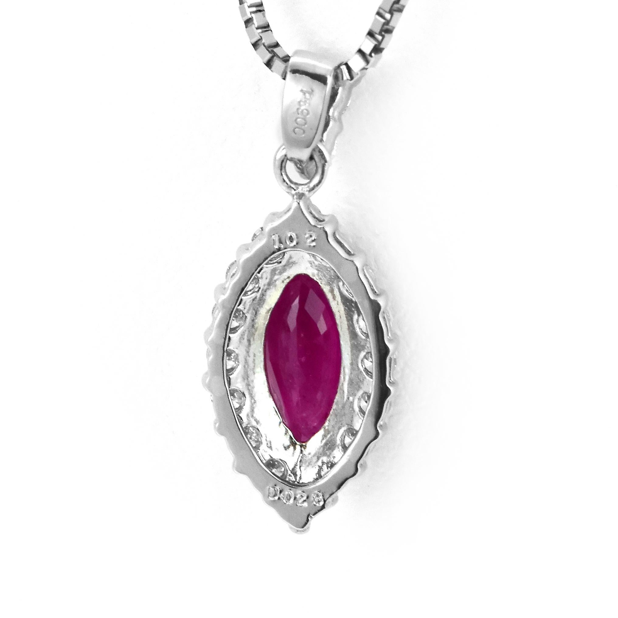 1.02 Carat Natural, Marquise 'Burma' Ruby and Diamond Pendant Made in Platinum In New Condition For Sale In Tokyo, JP