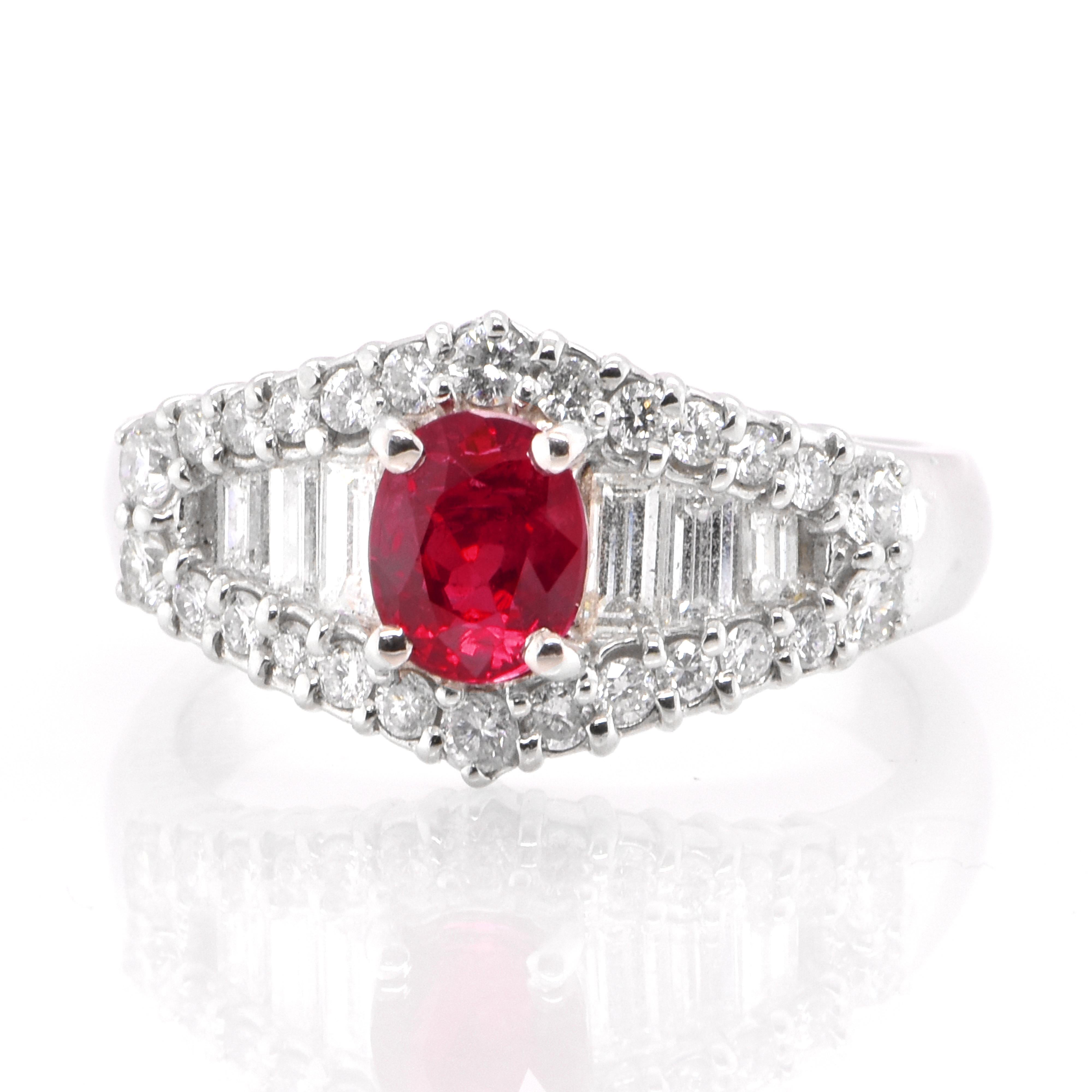 A beautiful ring set in Platinum featuring a 1.02 Carat Natural Ruby and 0.94 Carat Diamonds. Rubies are referred to as 