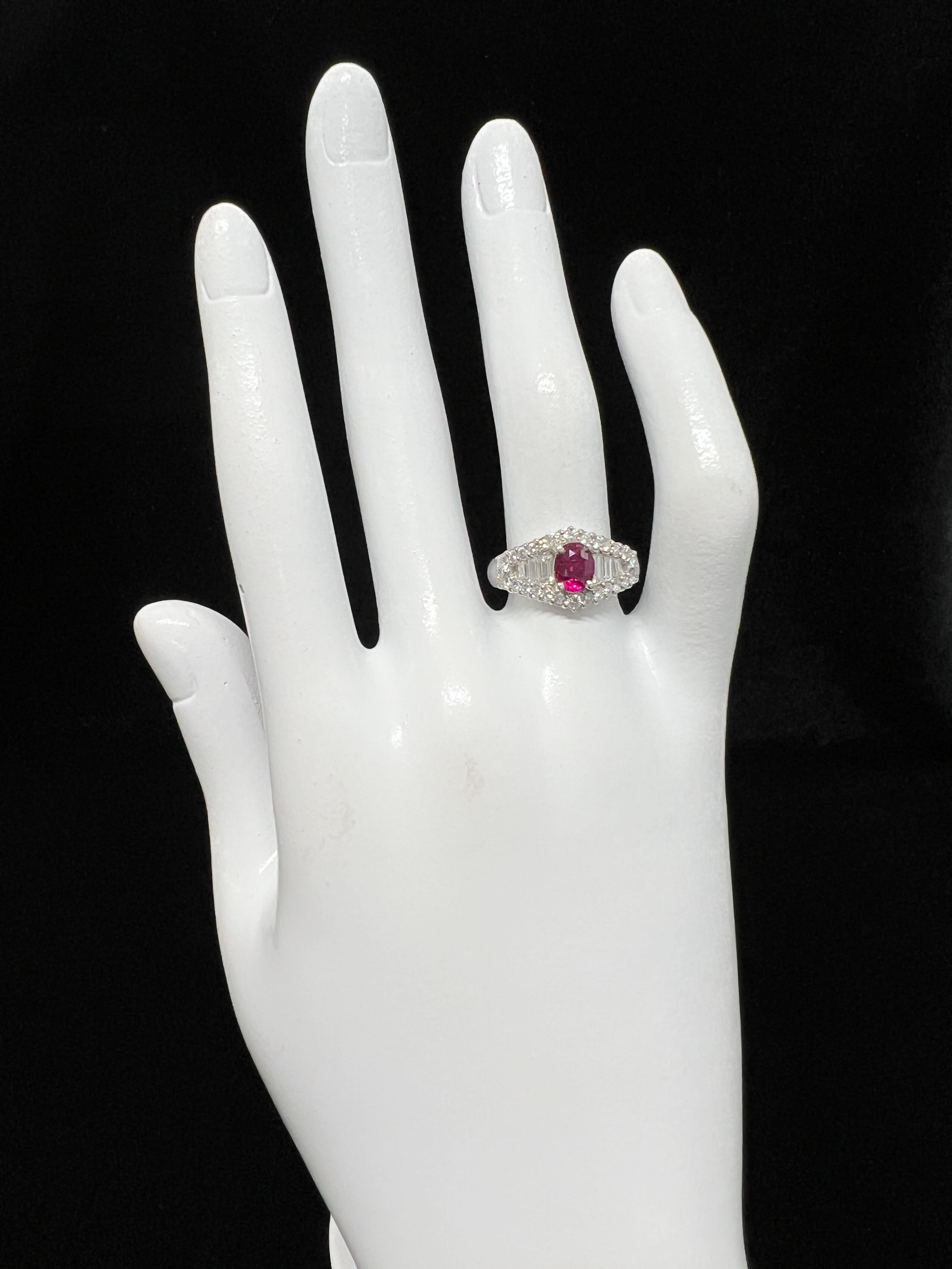 Oval Cut 1.02 Carat Natural Ruby and Diamond Engagement Ring Set in Platinum For Sale
