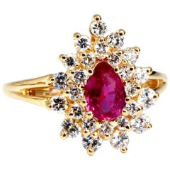 1.02 Carat Natural Ruby Diamonds Ring Pear Cluster 14 Karat