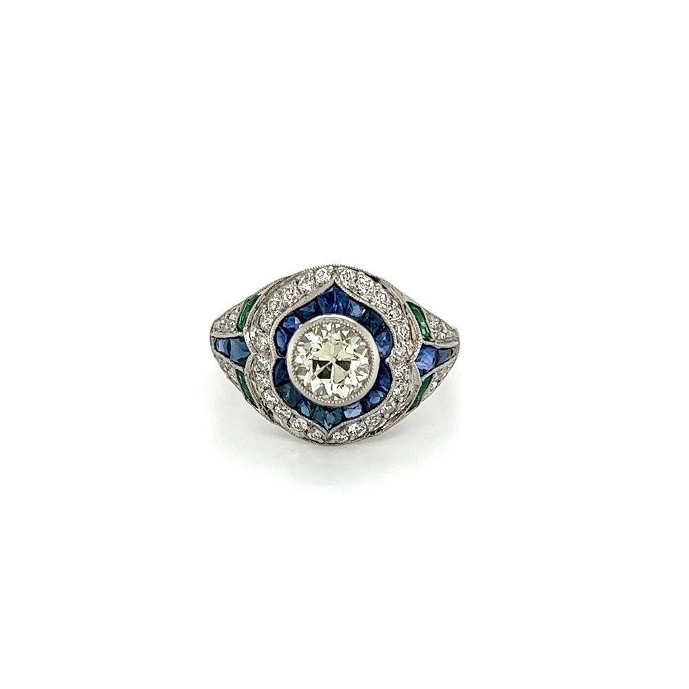 Mixed Cut 1.02 Carat OEC Diamond Sapphire and Emerald Vintage Platinum Cocktail Ring For Sale