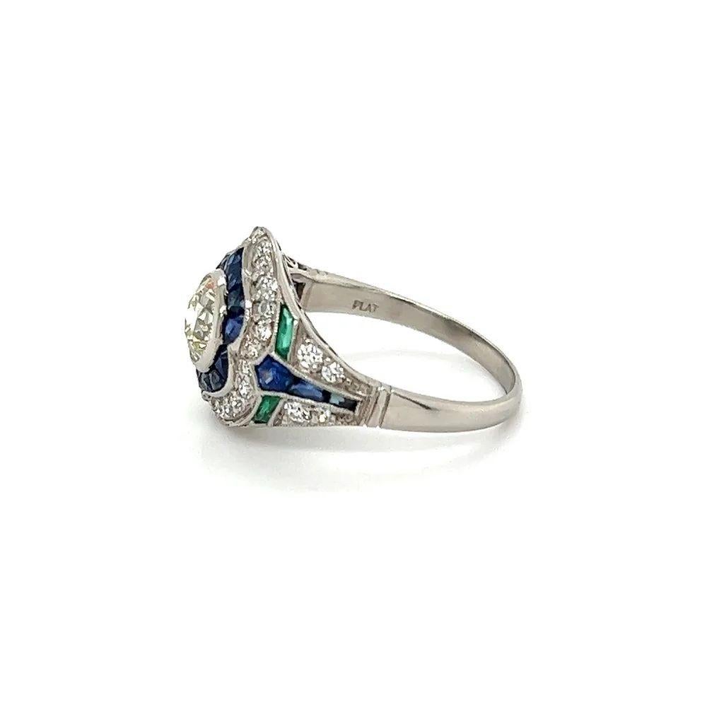 Women's 1.02 Carat OEC Diamond Sapphire and Emerald Vintage Platinum Cocktail Ring For Sale