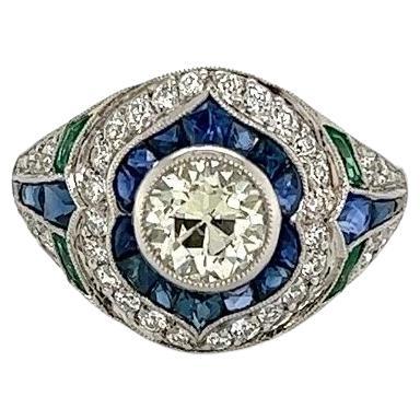 1.02 Carat OEC Diamond Sapphire and Emerald Vintage Platinum Cocktail Ring