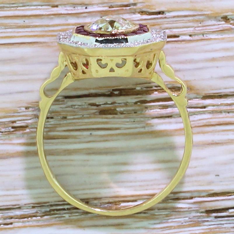 Women's 1.02 Carat Old Cut Diamond and Ruby 18 Karat Gold Octagonal Cluster Ring