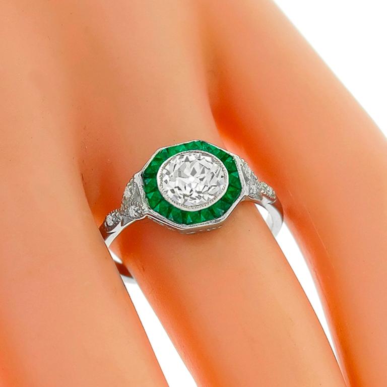 Round Cut 1.02 Carat Old European Cut Diamond Emerald Engagement Ring For Sale