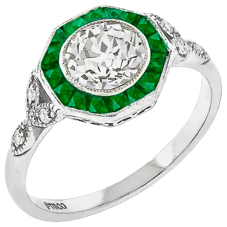 1.02 Carat Old European Cut Diamond Emerald Engagement Ring For Sale