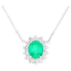 1.02 Carat Oval Cut Emerald and 0.47 Carat White Diamond Necklace 14K White Gold