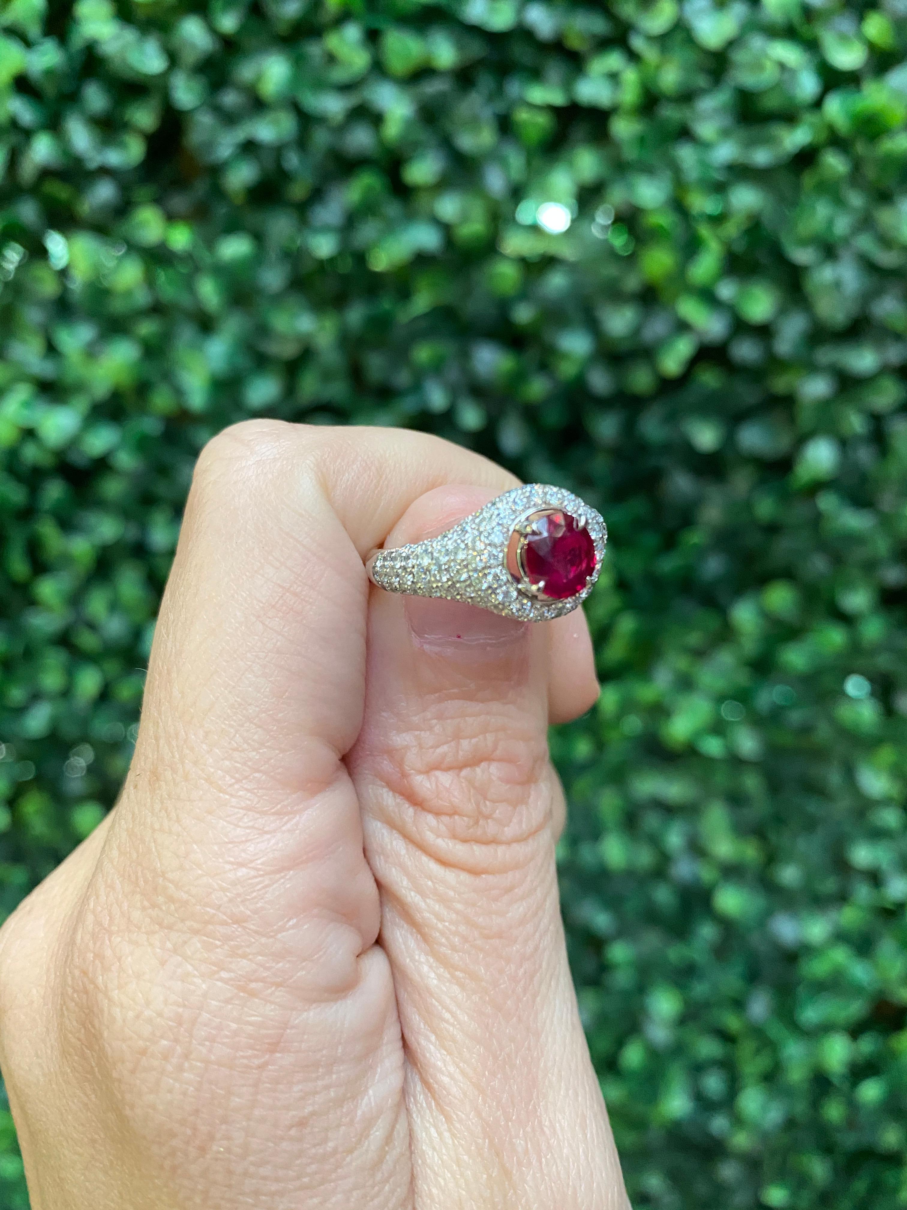 1.02 Carat Oval Cut Natural Burma Ruby with 1.32ctw in Pave Set Diamonds For Sale 2