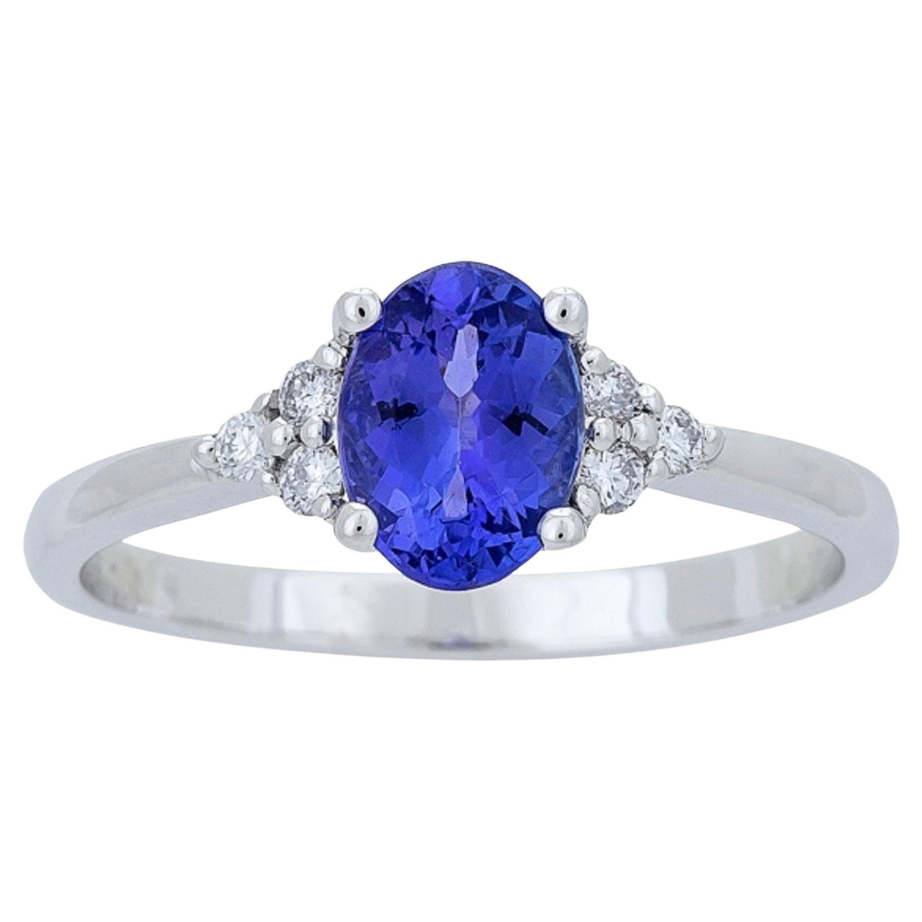 1.02 Carat Oval Cut Tanzanite Diamond Accents 14K White Gold Engagement Ring For Sale
