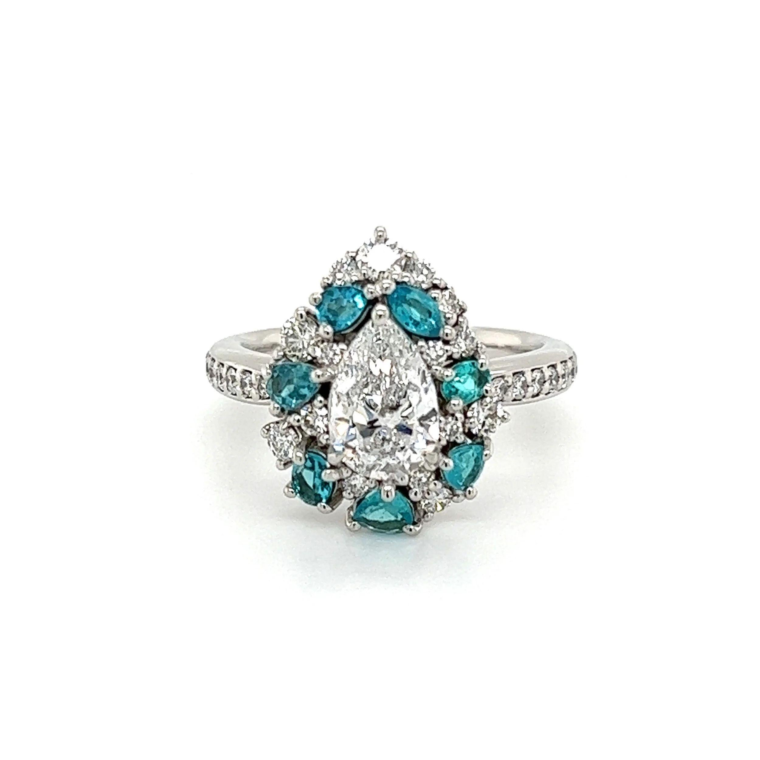  1,02 Karat birnenförmiger GIA Diamant & Paraiba Vintage Platin Ring Nachlass feiner Schmuck (Tropfenschliff) im Angebot