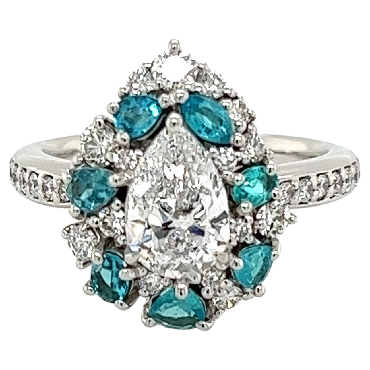 1.02 Carat Pear GIA Diamond & Paraiba Vintage Platinum Ring Estate Fine Jewelry For Sale
