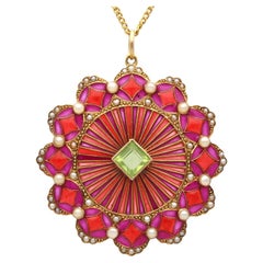 1.02 Carat Peridot and Seed Pearl Plique a Jour 15k Yellow Gold Pendant