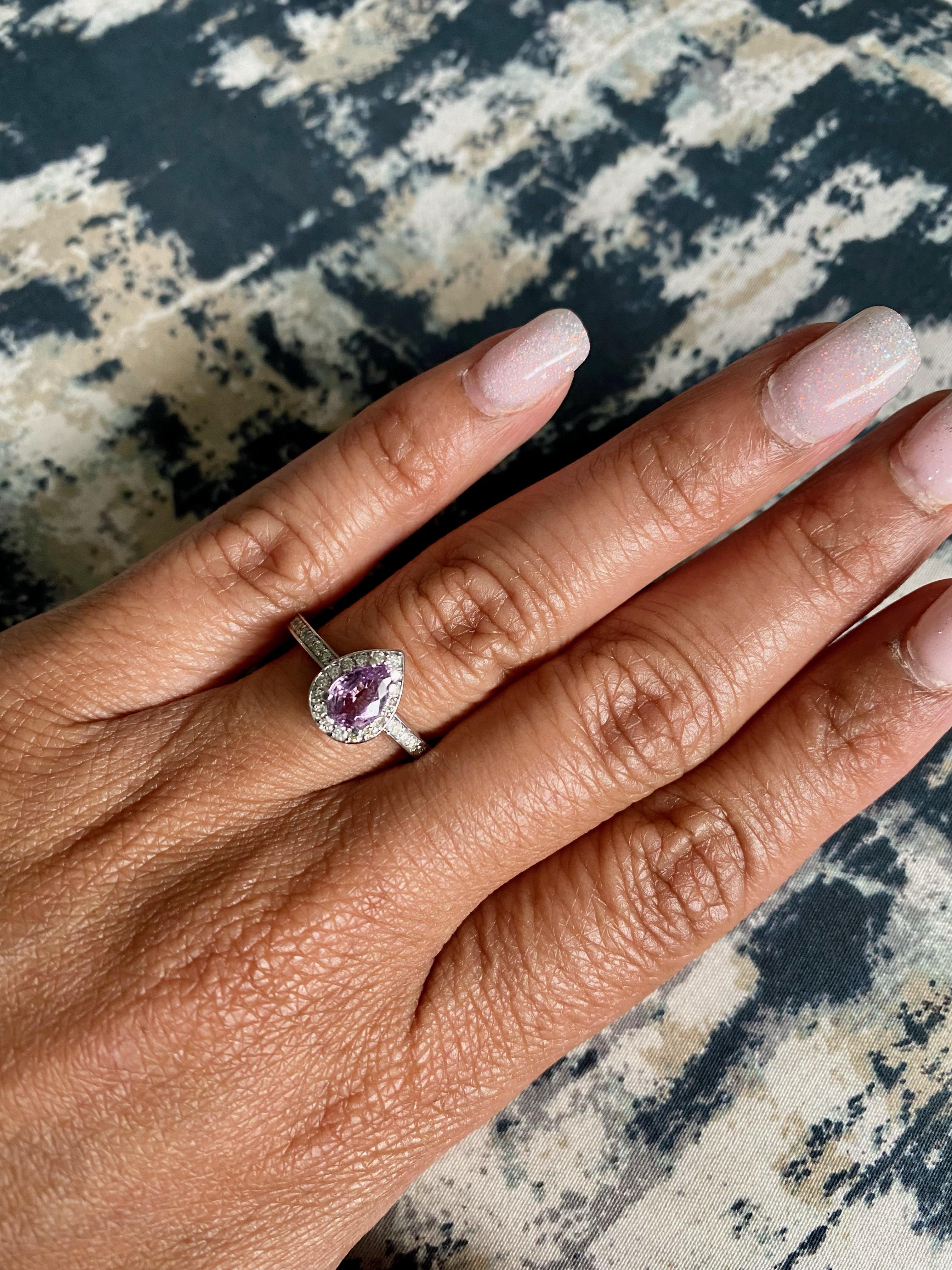 Pear Cut 1.02 Carat Pink Sapphire Diamond 14 Karat White Gold Engagement Ring For Sale