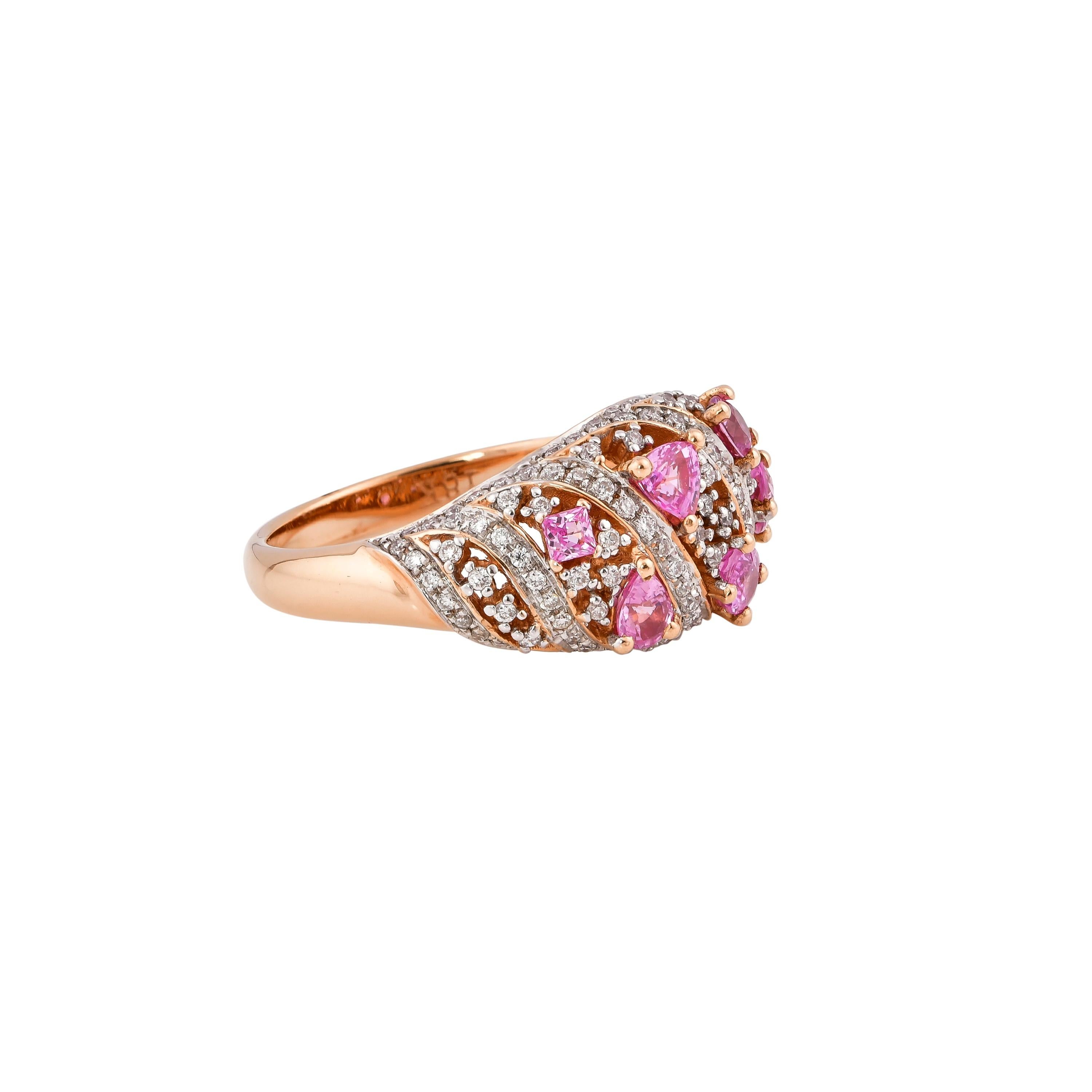 Sunita Nahata presents an exclusive collection of pink sapphire rings. With a mix of floral designs and cluster setting these pieces are accented with diamonds to present a unique array of rings. 

Designer pink sapphire ring in 18K rose gold with