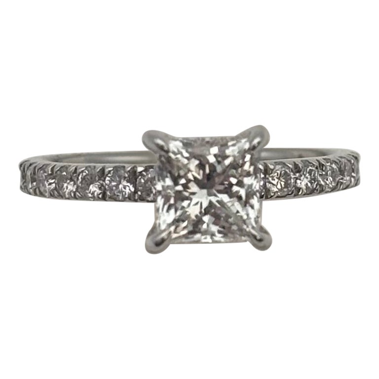 1.02 Carat Princess Cut Diamond Engagement Ring with Pavé Band in 18k White Gold